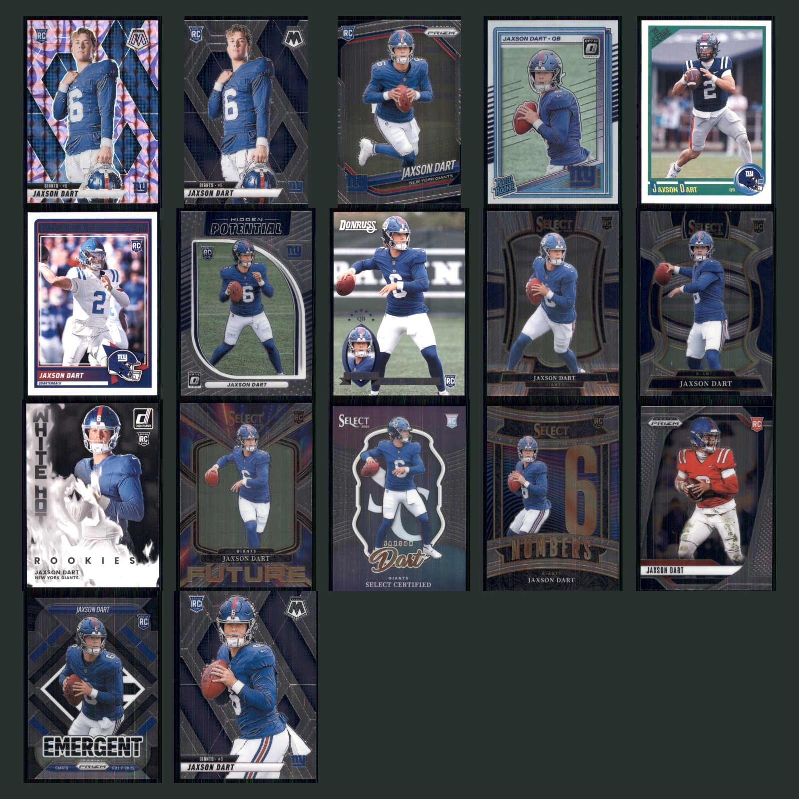Jaxson Dart Rookie Lot 17 Football Cards 2025 Panini Mosaic New York Giants Set card scans. Overall card condition is Near Mint.