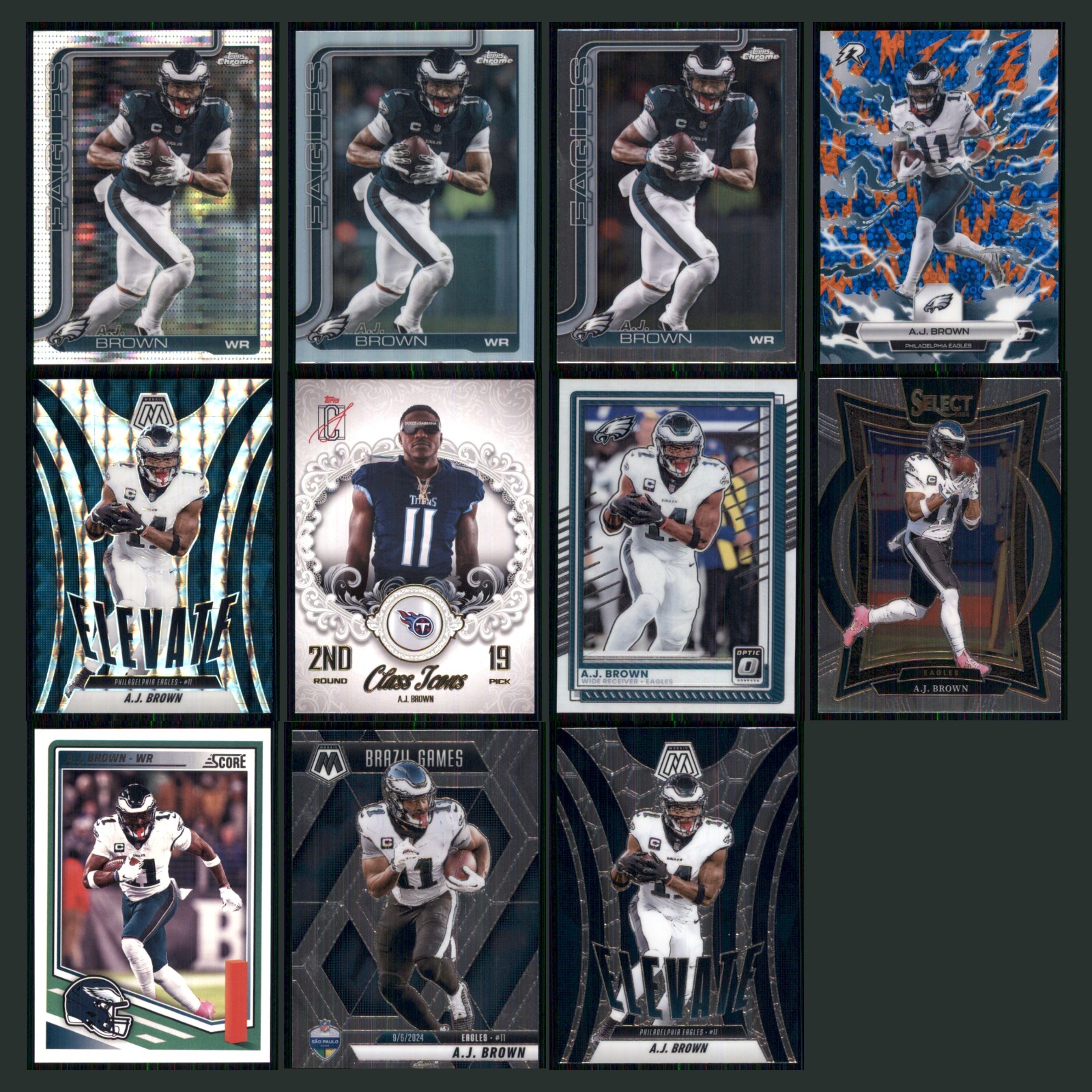 A.J. Brown Lot 11 Football Cards 2025 Topps Chrome Philadelphia Eagles Set NFL card scans. Overall card condition is Near Mint.
