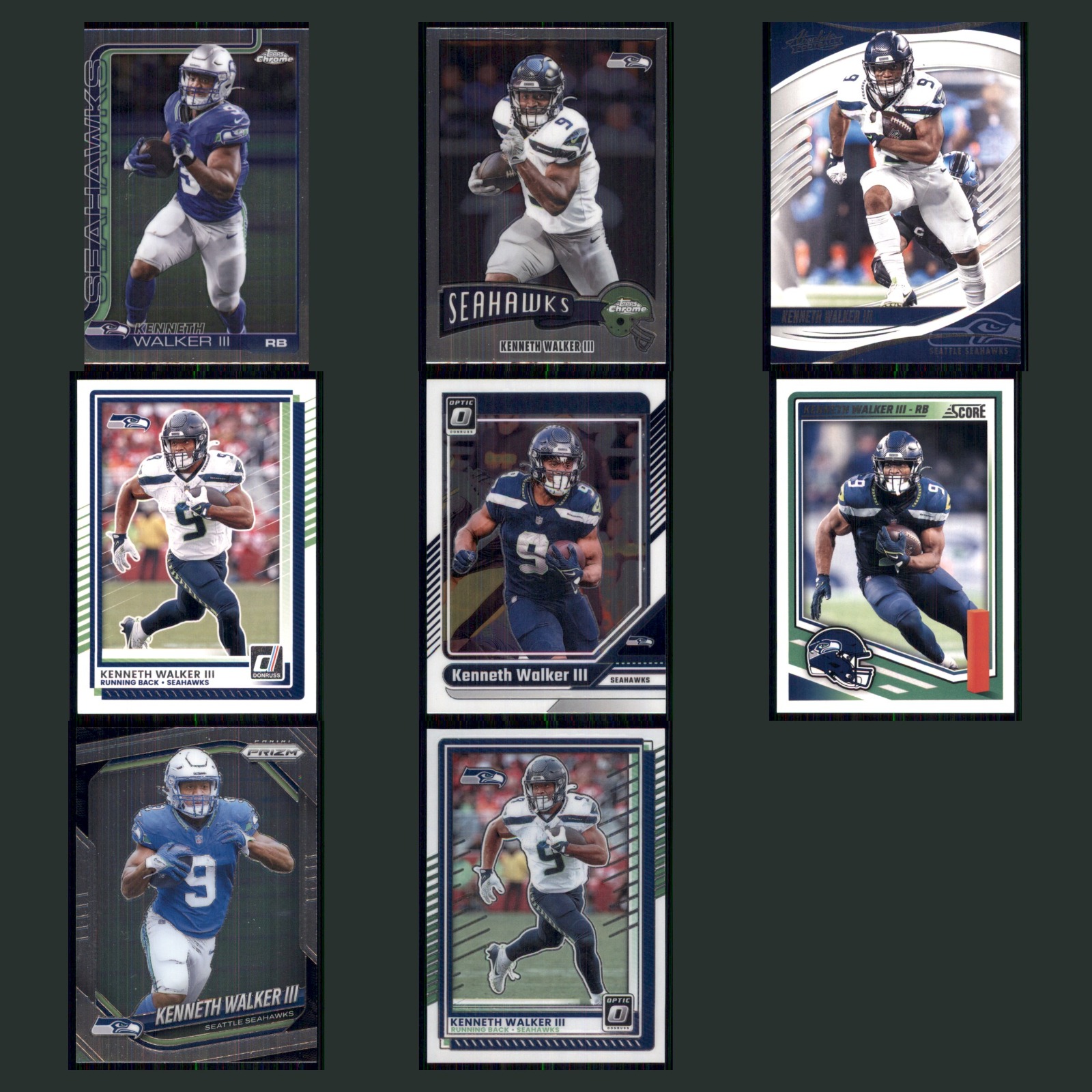 Kenneth Walker III Lot 8 Football Cards 2025 Topps Chrome Seattle Seahawks Set card scans. Overall card condition is Near Mint.