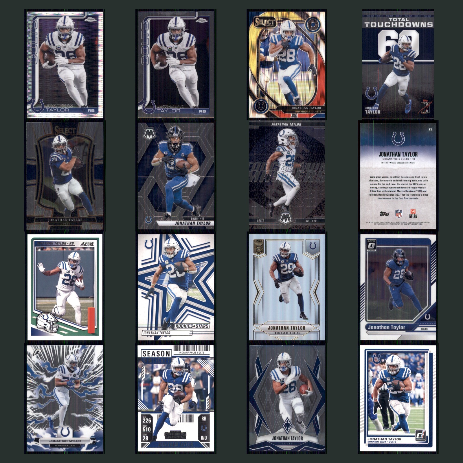 Jonathan Taylor Lot 16 Football Cards 2025 Topps Chrome Indianapolis Colts Set card scans. Overall card condition is Near Mint.