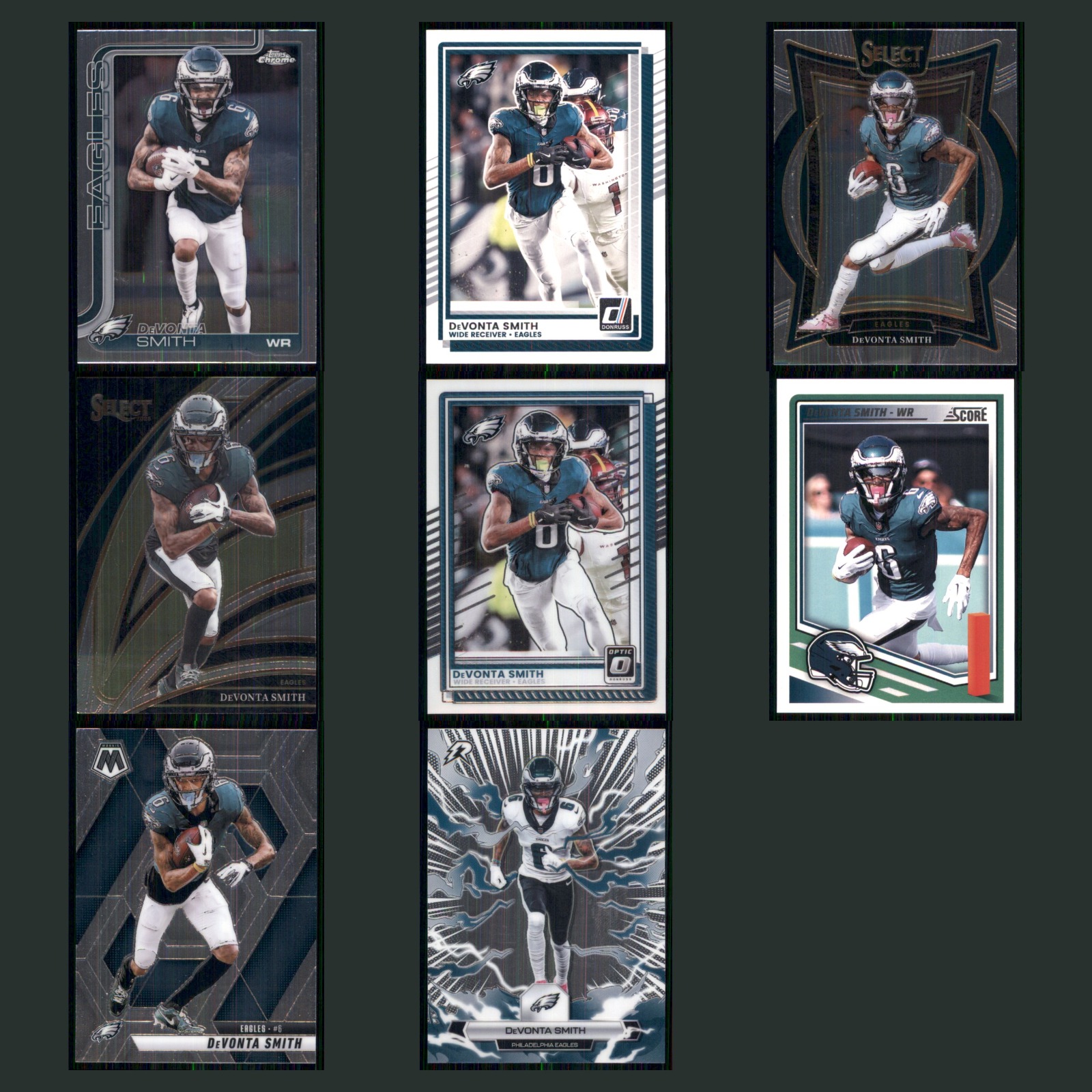 DeVonta Smith Lot 8 Football Cards 2025 Topps Chrome Philadelphia Eagles Set NFL card scans. Overall card condition is Near Mint.