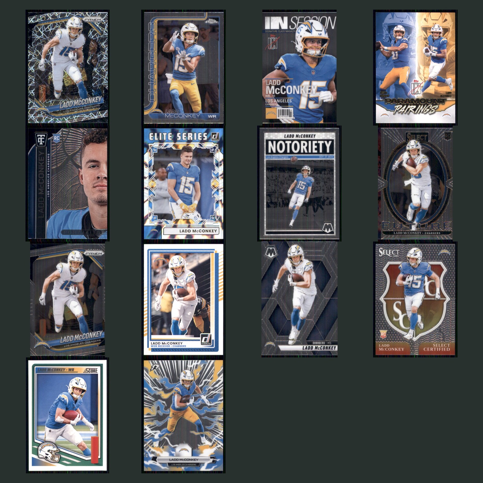 Ladd McConkey Lot 14 Football Cards 2025 Panini Prizm Los Angeles Chargers Set card scans. Overall card condition is Near Mint.