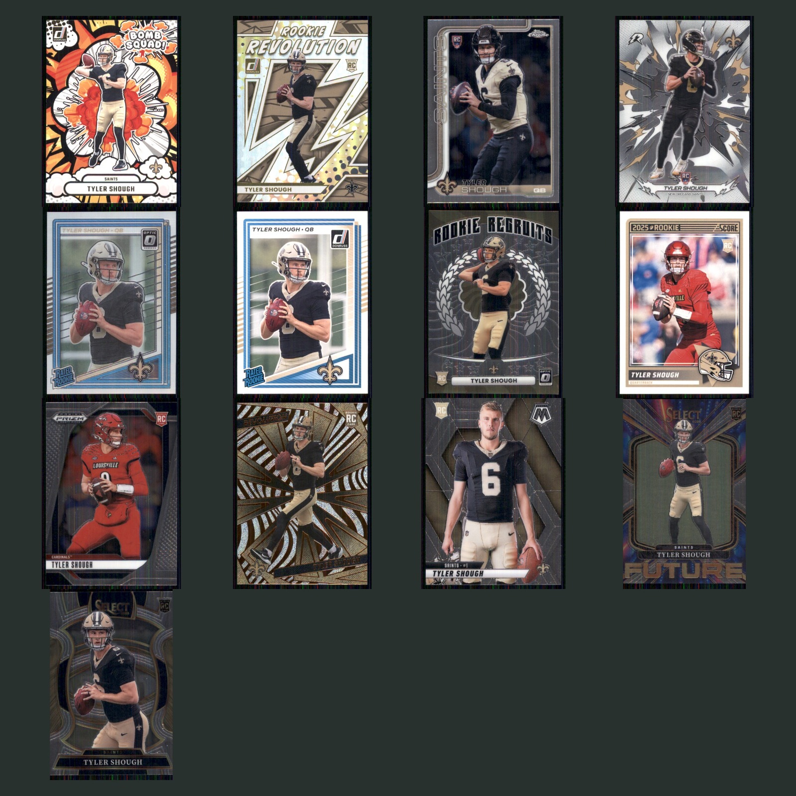 Tyler Shough Rookie Lot 13 Football Cards 2025 Panini Donruss Bomb Squad Saints card scans. Overall card condition is Near Mint.