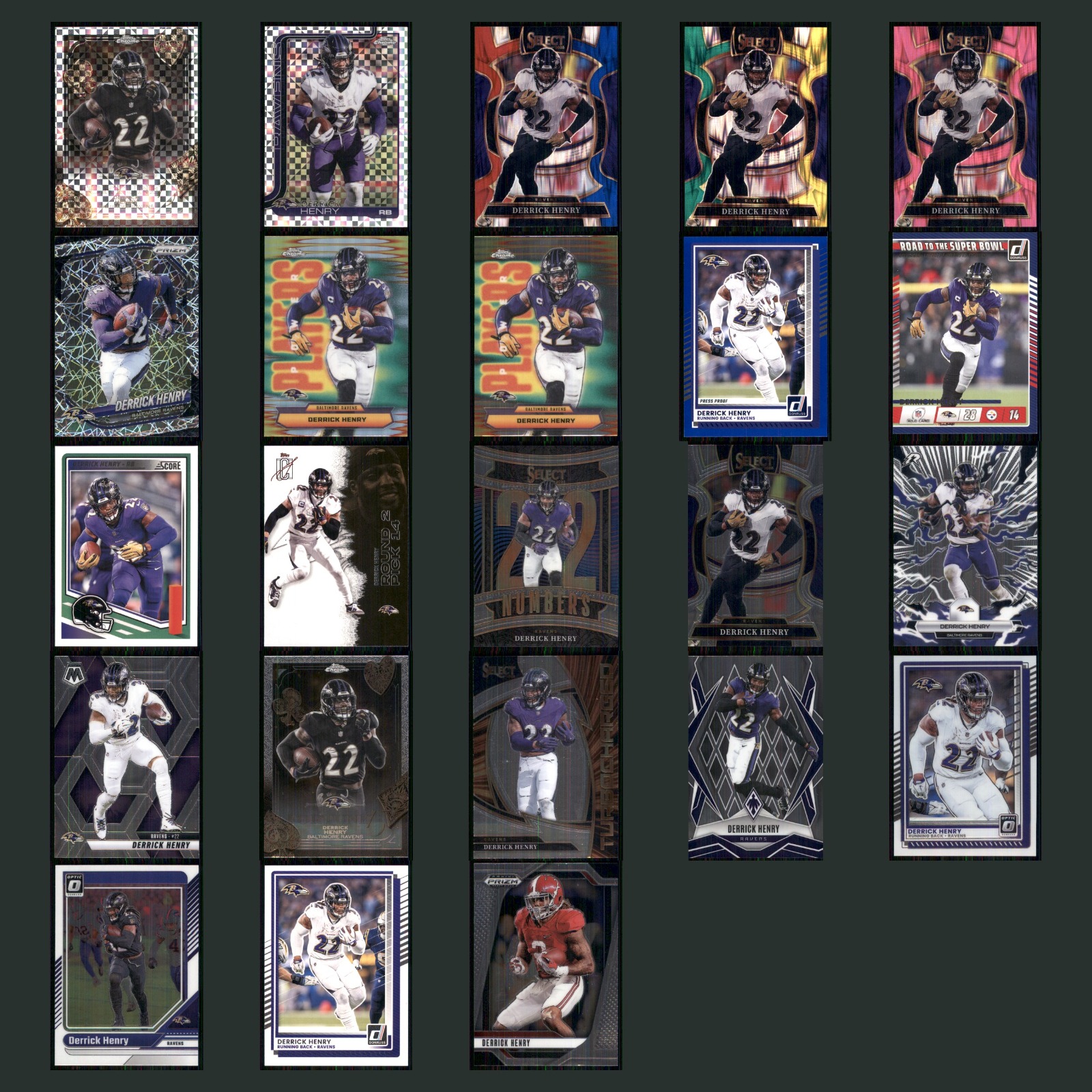 Derrick Henry Lot 23 Football Cards 2025 Topps Chrome Fortune 15 Ravens Set NFL card scans. Overall card condition is Near Mint.