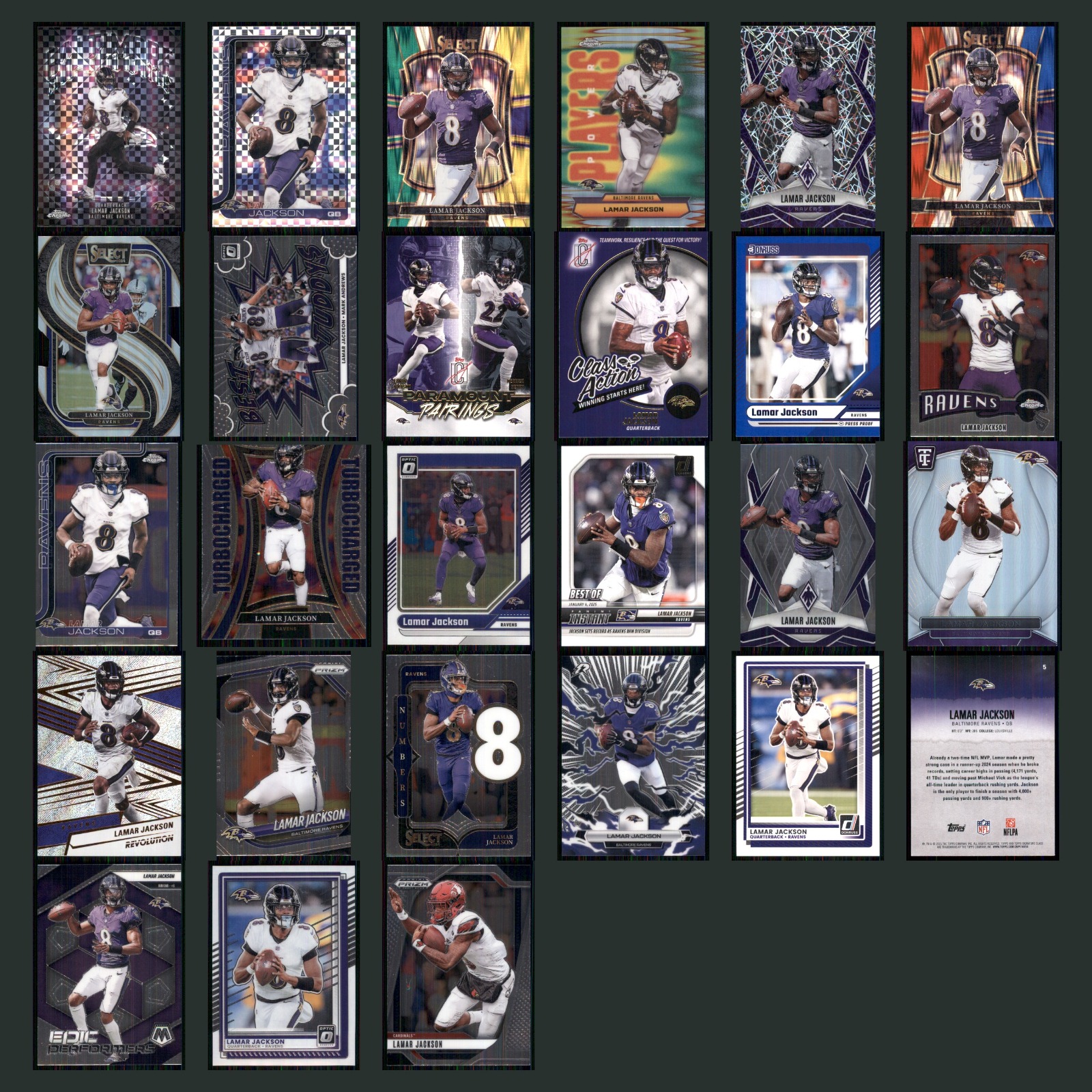 Lamar Jackson Lot 27 Football Cards 2025 Topps Chrome All-Chrome Ravens Set NFL card scans. Overall card condition is Near Mint.