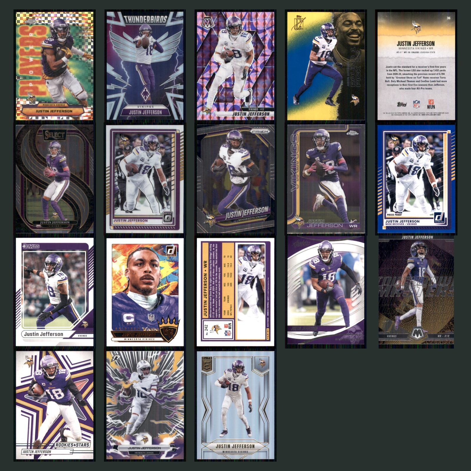 Justin Jefferson Lot 18 Football Cards 2025 Topps Chrome Power Players Vikings card scans. Overall card condition is Near Mint.