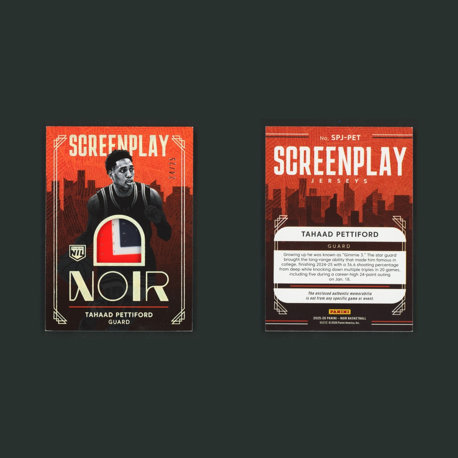 Tahaad Pettiford /25 #SPJ-PET Panini Noir Screenplay Jerseys Auburn Tigers Card front and back scans. Card condition is Near Mint.