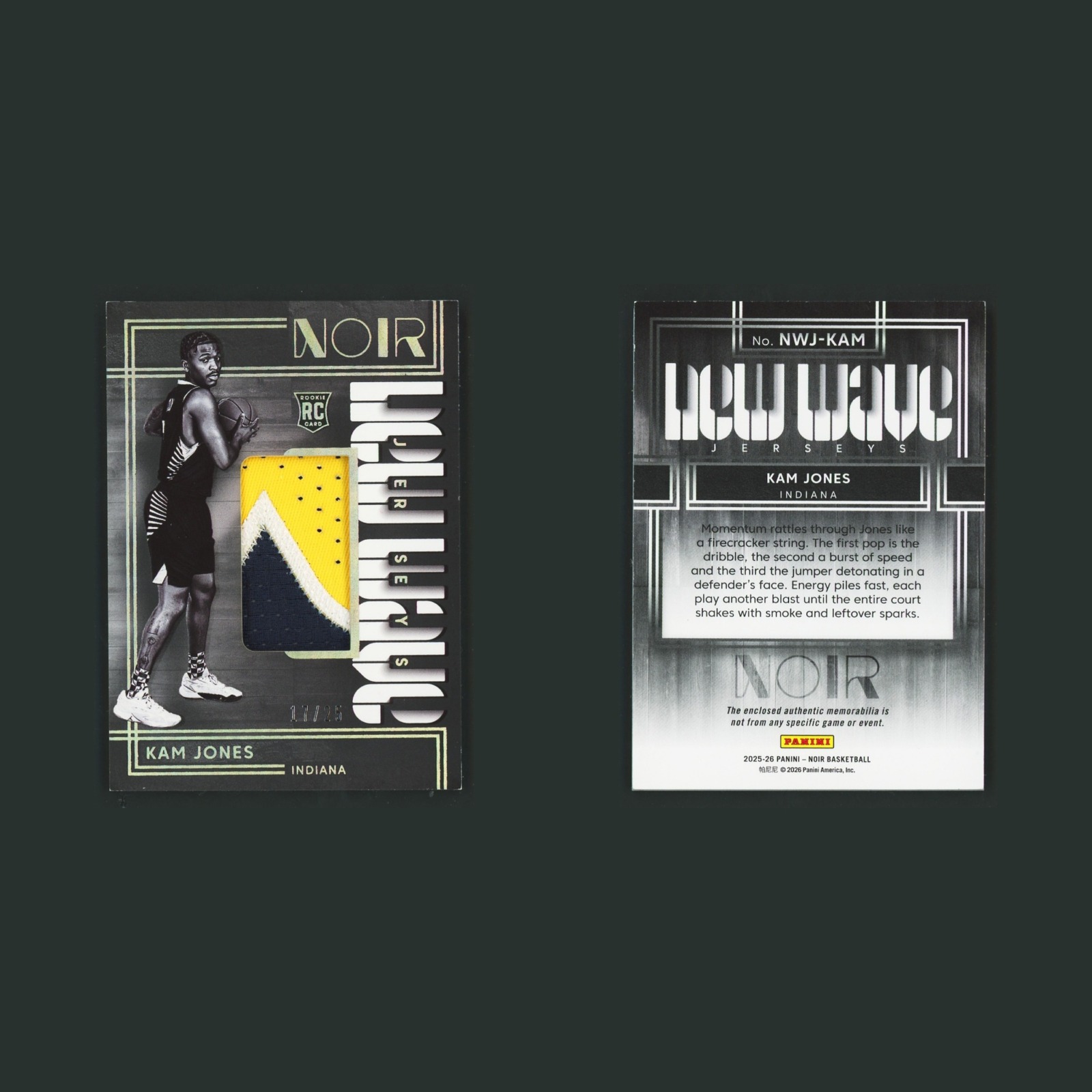 Kam Jones Rookie /25 #NWJ-KAM Panini Noir New Wave Jerseys Indiana Pacers Card front and back scans. Card condition is Near Mint.