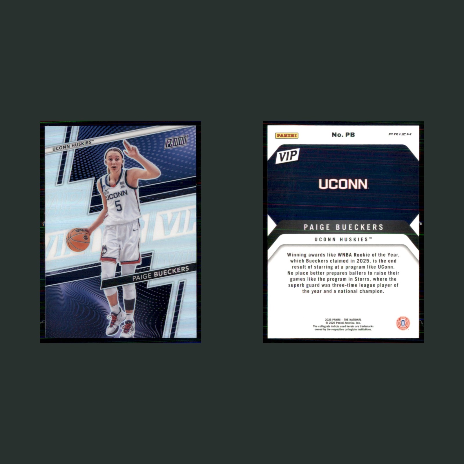 Paige Bueckers #PB 2026-27 Panini The National VIP Silver Prizm UConn Huskies front and back scans. Card condition is Near Mint.