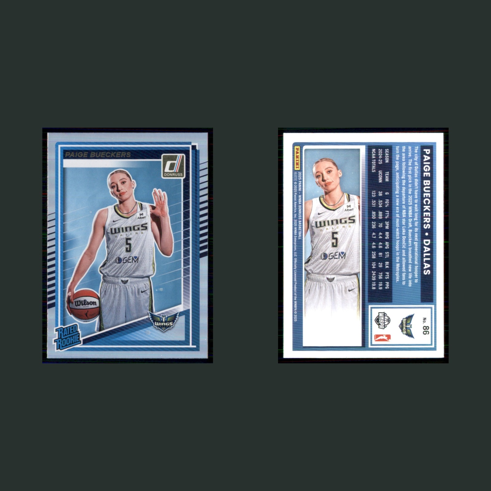 Paige Bueckers Rookie #86 2025-26 Panini Donruss WNBA Holo Dallas Wings Card NBA front and back scans. Card condition is Near Mint.