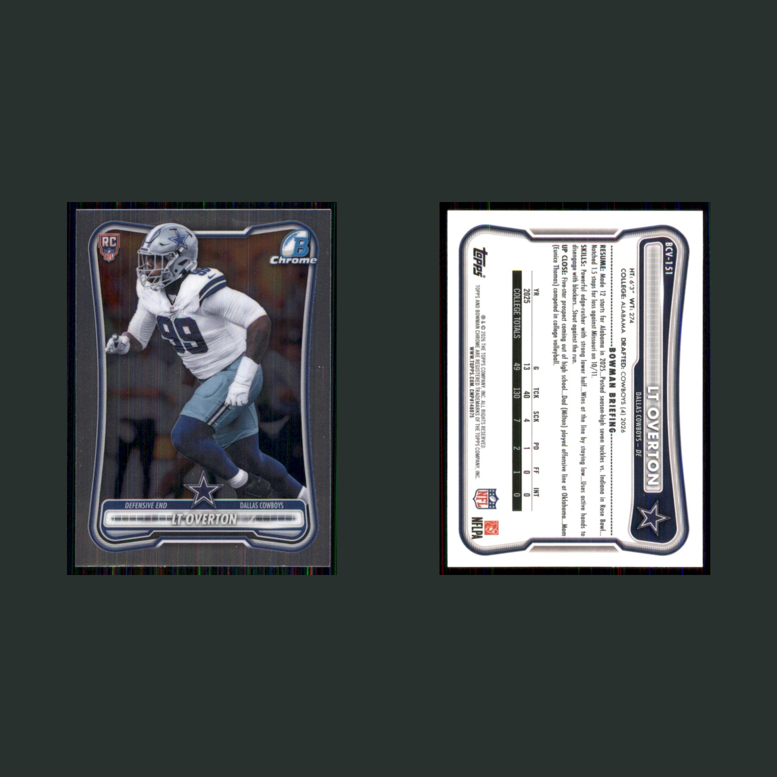 LT Overton Rookie #BCV-151 2026 Bowman Chrome Dallas Cowboys Football Card NFL front and back scans. Card condition is Near Mint.