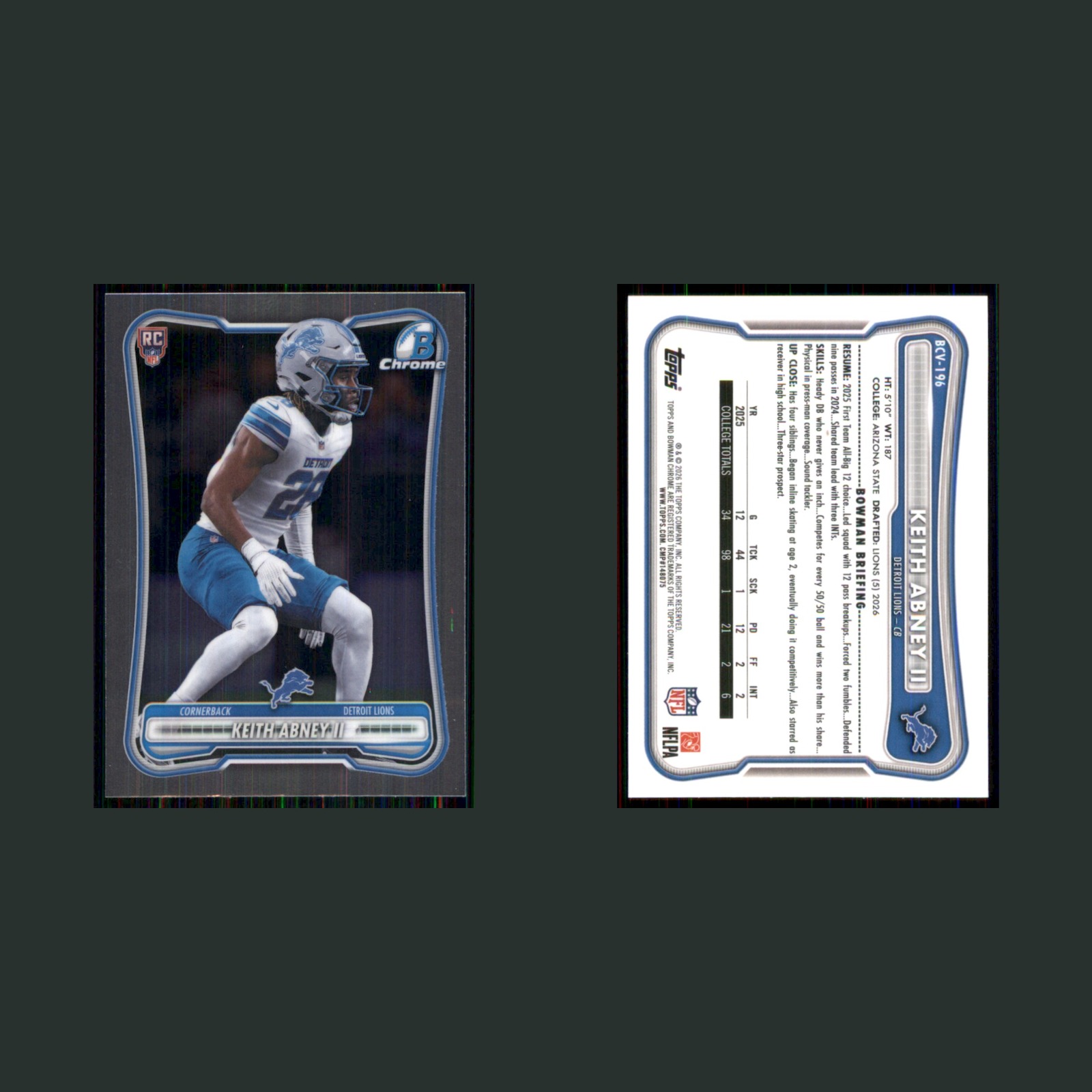 Keith Abney II Rookie #BCV-196 2026 Bowman Chrome Detroit Lions Football Card front and back scans. Card condition is Near Mint.