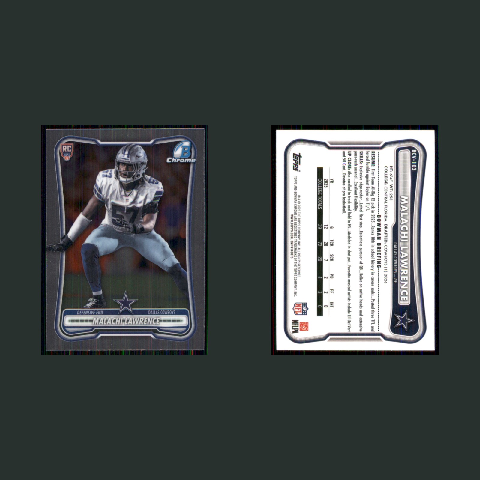 Malachi Lawrence Rookie #BCV-103 2026 Bowman Chrome Dallas Cowboys Football Card front and back scans. Card condition is Near Mint.