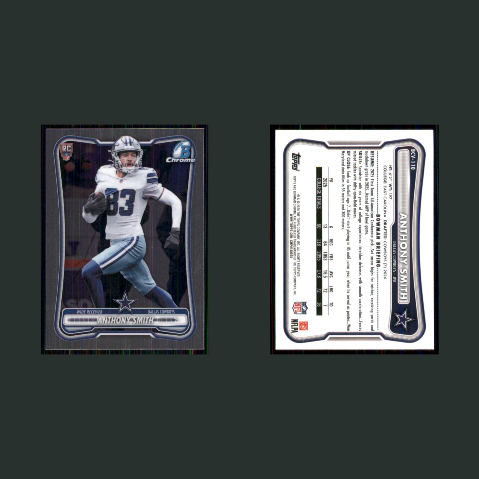 Anthony Smith Rookie #BCV-110 2026 Bowman Chrome Dallas Cowboys Football Card front and back scans. Card condition is Near Mint.