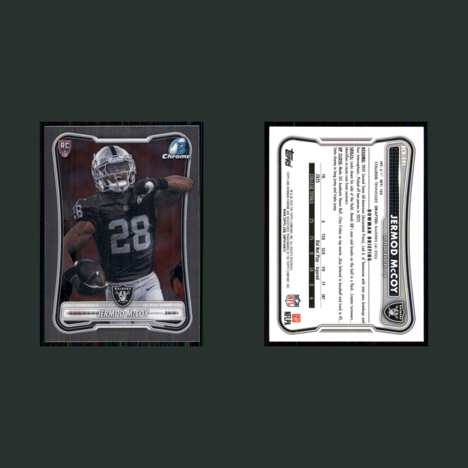 Jermod McCoy Rookie #BCV-191 2026 Bowman Chrome Las Vegas Raiders Football Card front and back scans. Card condition is Near Mint.