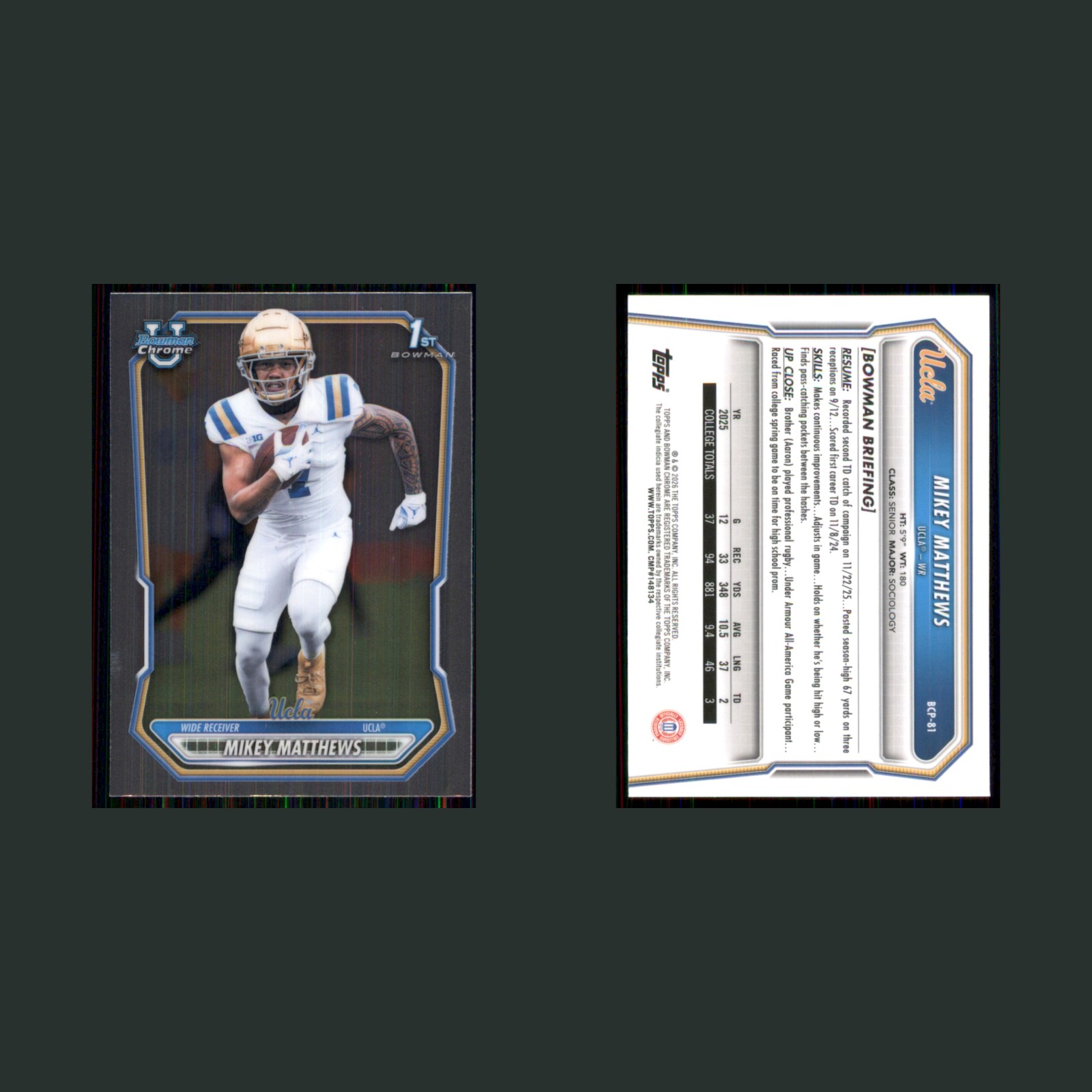 Mikey Matthews Rookie #BCP-81 2026 Bowman University Chrome UCLA Football Card front and back scans. Card condition is Near Mint.