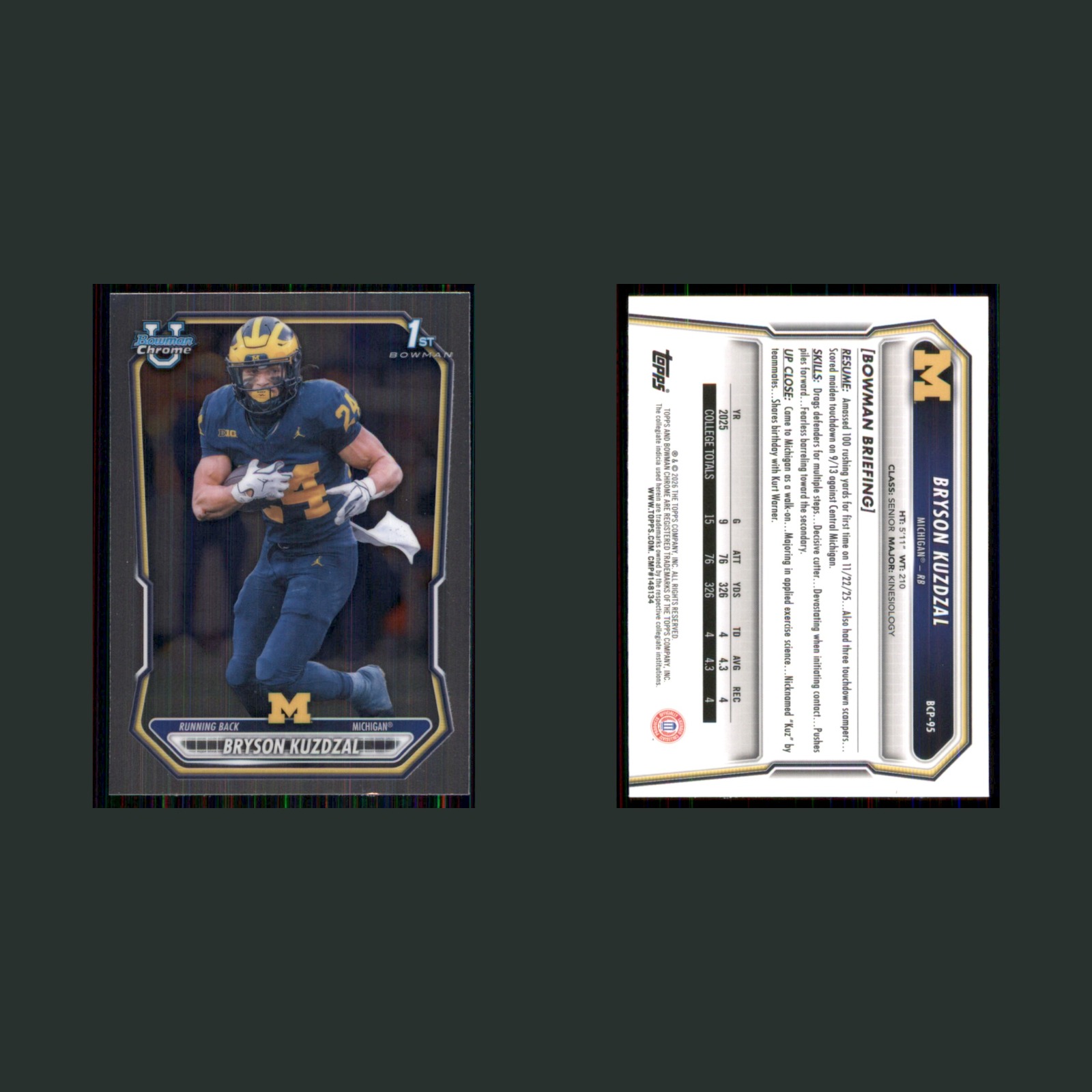 Bryson Kuzdzal Rookie #BCP-95 2026 Bowman University Chrome Michigan Football front and back scans. Card condition is Near Mint.