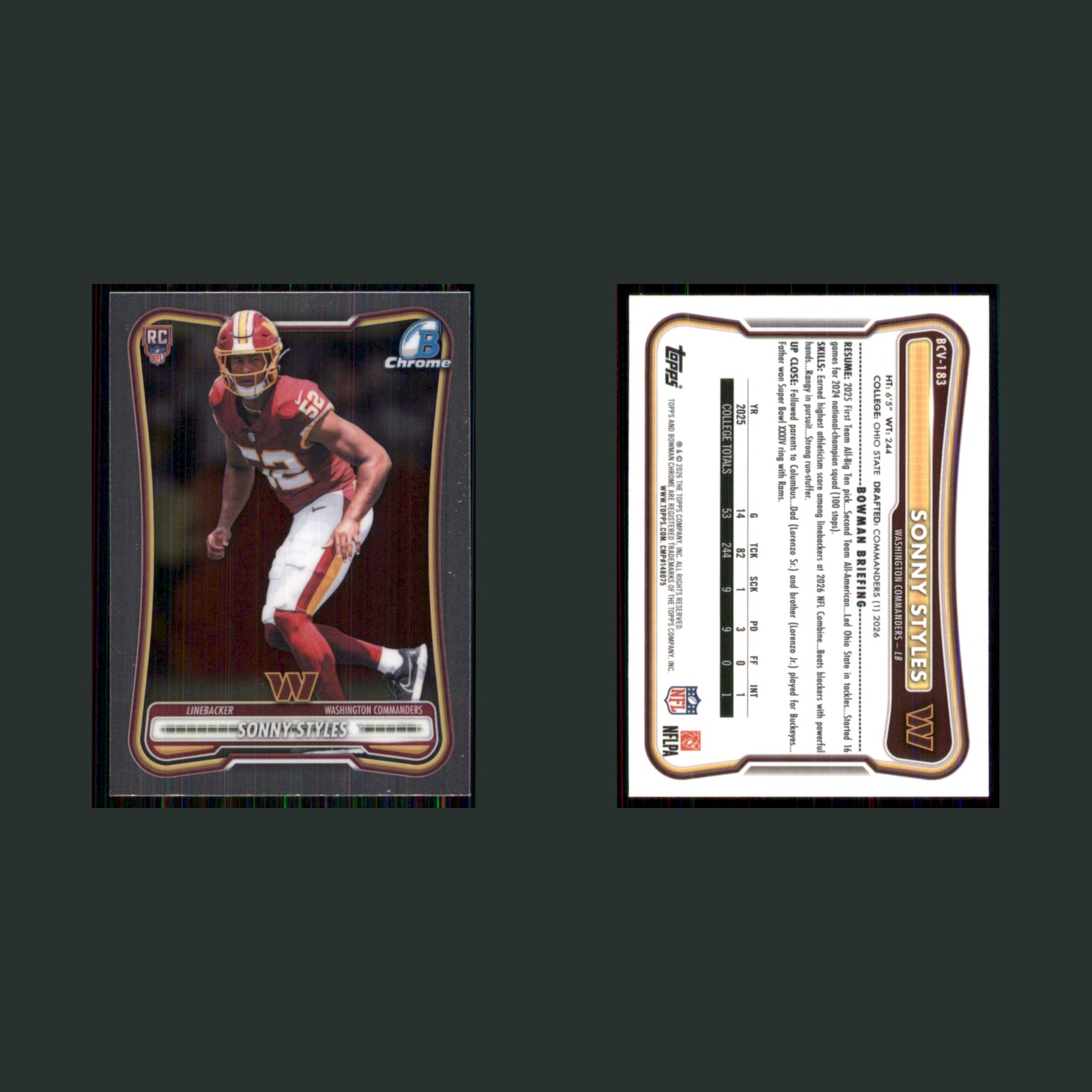 Sonny Styles Rookie #BCV-183 2026 Bowman Chrome Washington Commanders Football front and back scans. Card condition is Near Mint.