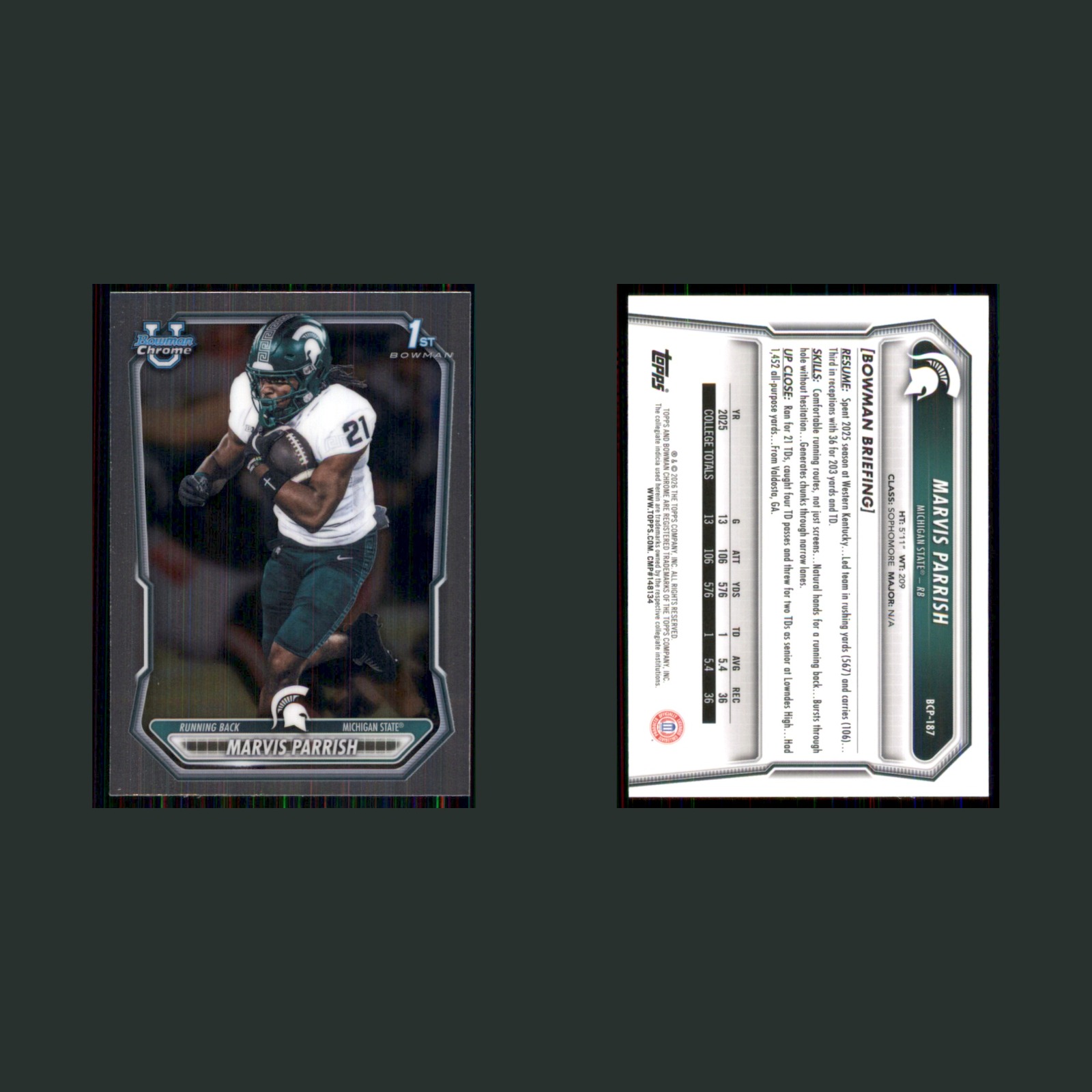 Marvis Parrish Rookie #BCP-187 2026 Bowman University Chrome Michigan State Card front and back scans. Card condition is Near Mint.