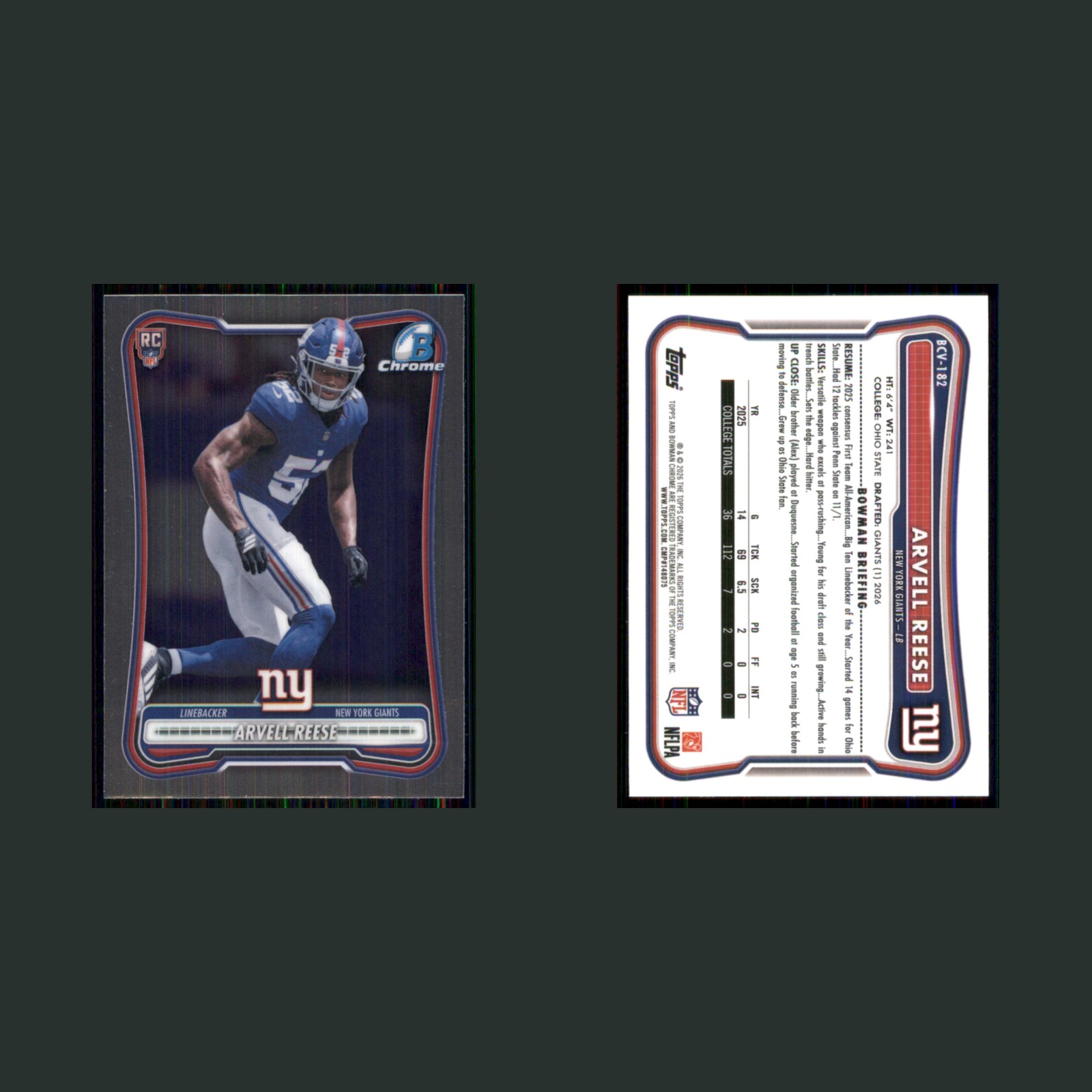Arvell Reese Rookie #BCV-182 2026 Bowman Chrome New York Giants Football Card front and back scans. Card condition is Near Mint.