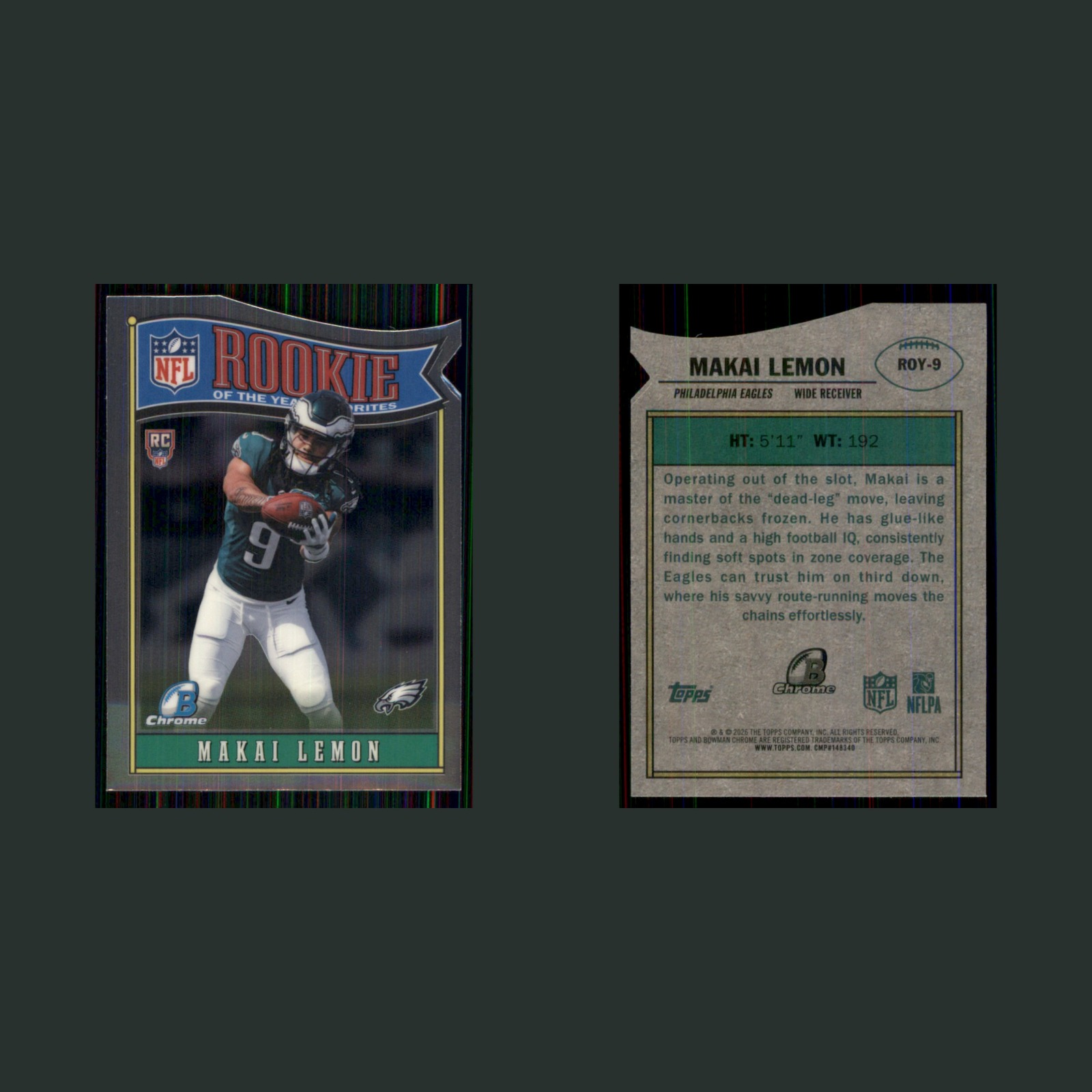 Makai Lemon Rookie #ROY-9 2026 Bowman Chrome Rookie of the Year Favorites Eagles front and back scans. Card condition is Near Mint.