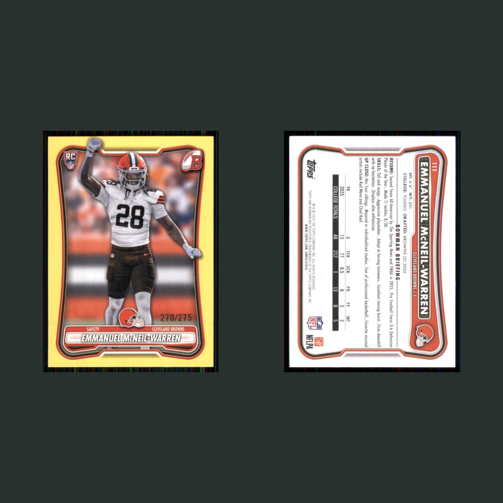 Emmanuel McNeil-Warren Rookie /275 #111 2026 Bowman Yellow Cleveland Browns Card front and back scans. Card condition is Near Mint.
