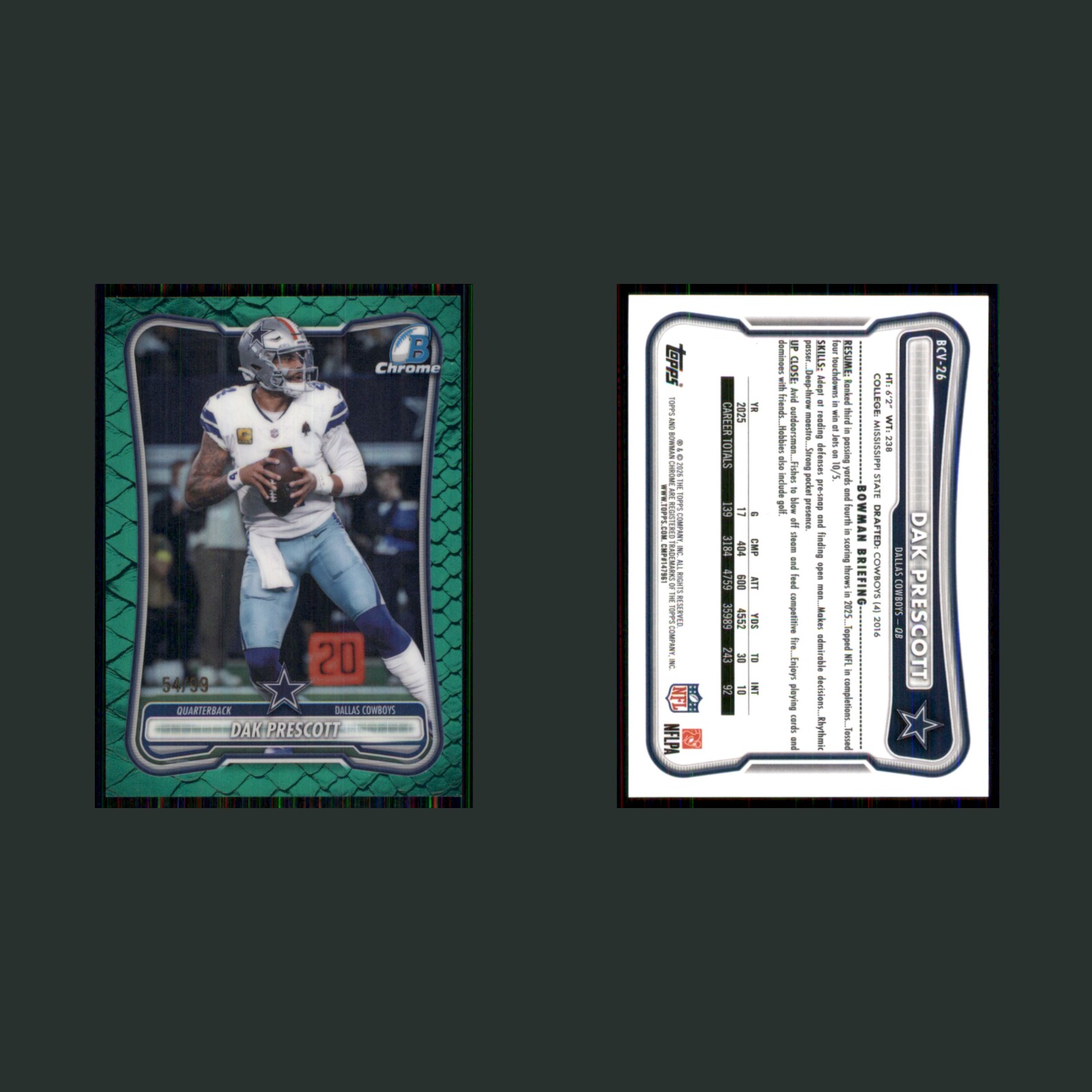 Dak Prescott /99 #BCV-26 2026 Bowman Chrome Green Reptilian Refractor Cowboys front and back scans. Card condition is Near Mint.