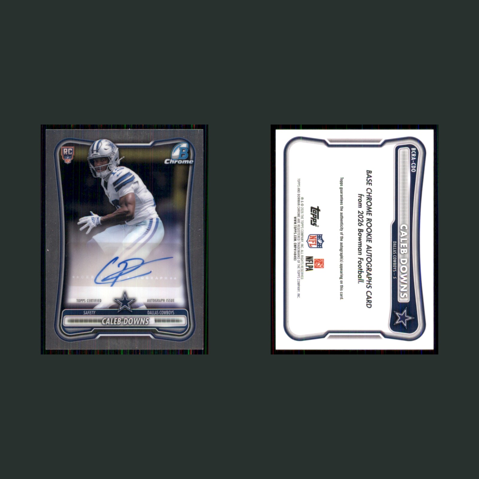 Caleb Downs Rookie #BCRA-CDO Autograph 2026 Bowman Chrome Rookie Autographs Card front and back scans. Card condition is Near Mint.