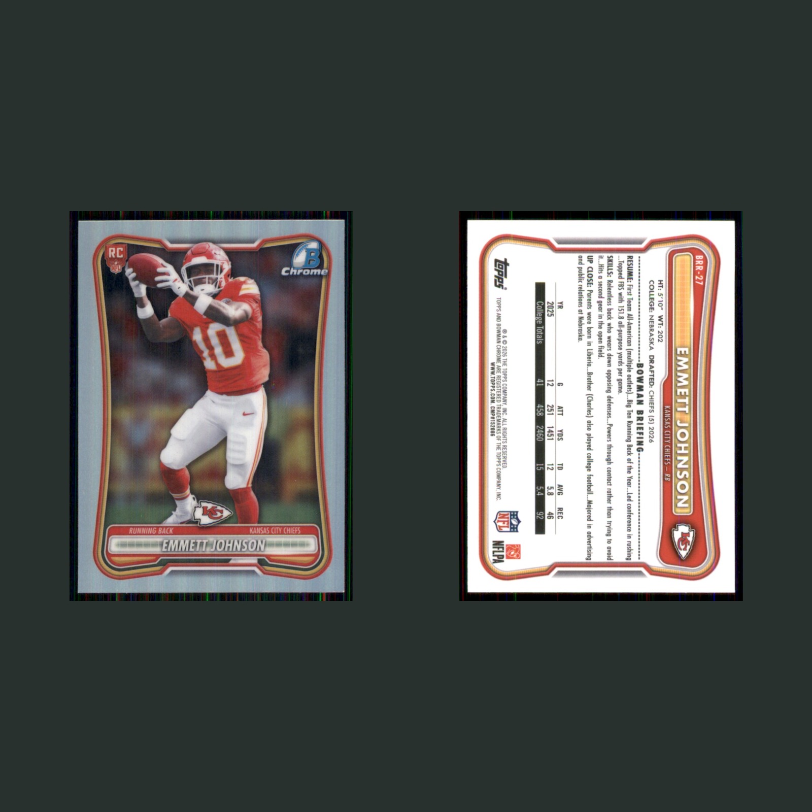 Emmett Johnson Rookie #BRR-27 2026 Bowman Chrome Red RC Logo Variation Chiefs front and back scans. Card condition is Near Mint.