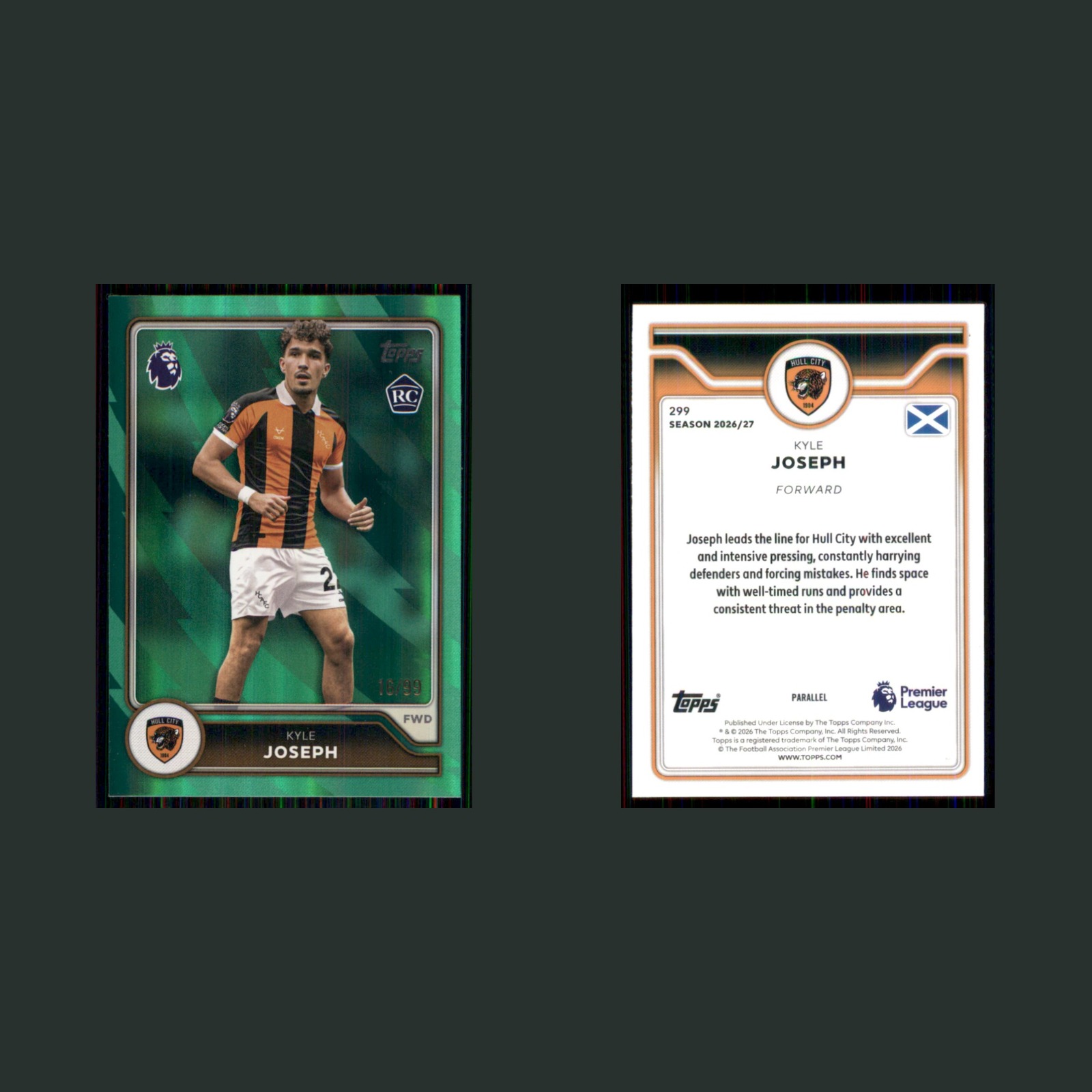 Kyle Joseph Rookie /99 #299 2026 Topps Flagship Premier League Green Hull City front and back scans. Card condition is Near Mint.