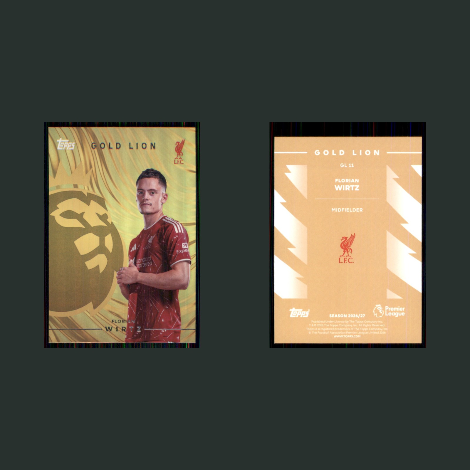 Florian Wirtz #GL11 2026 Topps Flagship Premier League Gold Lion Liverpool FC front and back scans. Card condition is Near Mint.