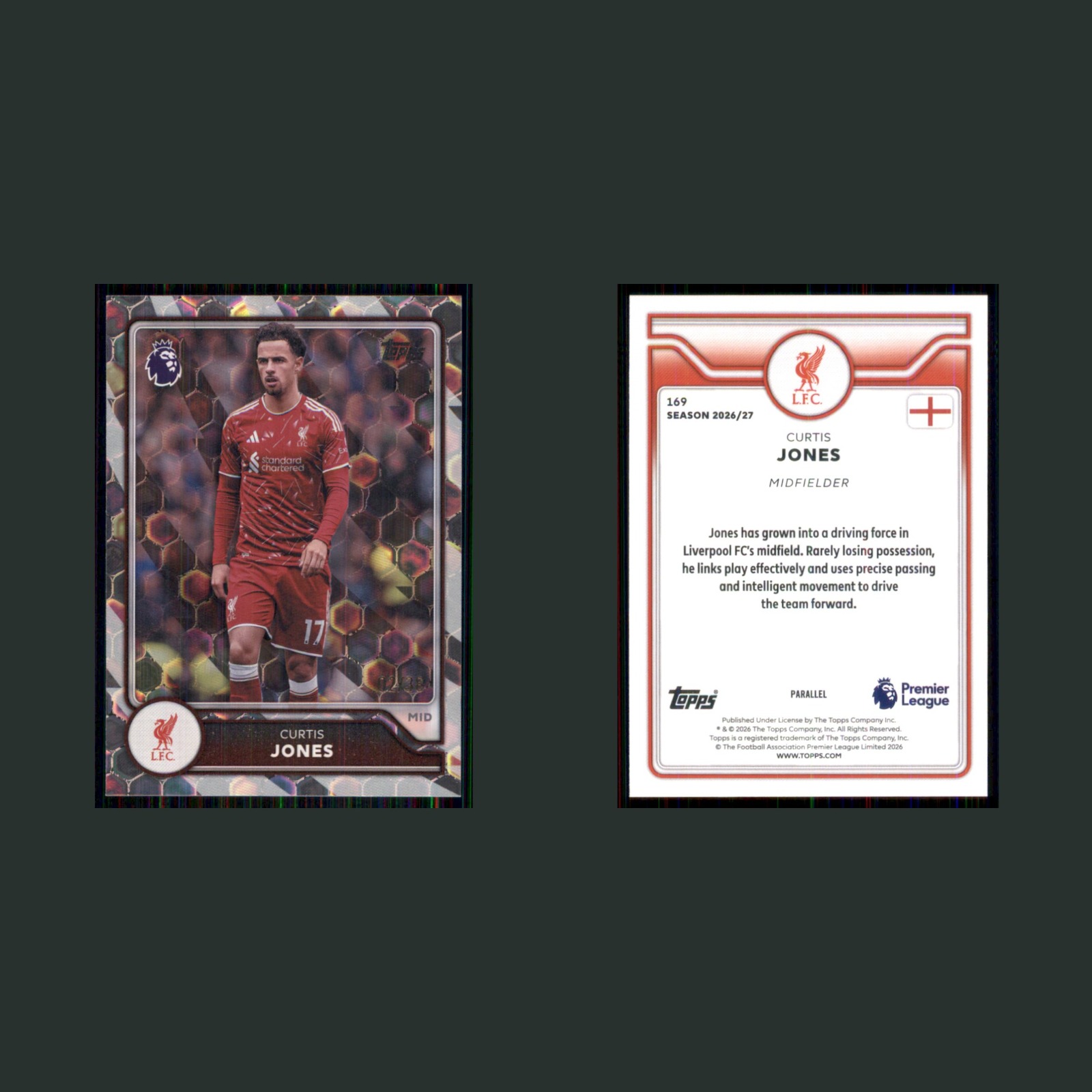 Curtis Jones /38 #169 2026 Topps Flagship Premier League Netbuster Liverpool FC front and back scans. Card condition is Near Mint.