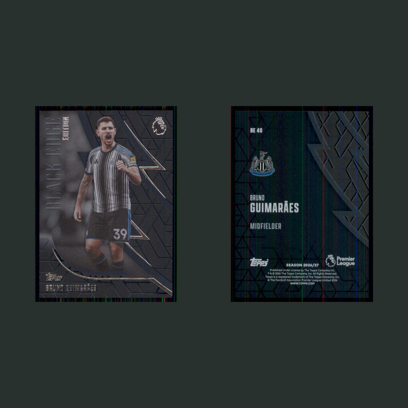 Bruno Guimarães #BE40 2026 Topps Flagship Premier League Black Edge Soccer Card front and back scans. Card condition is Near Mint.