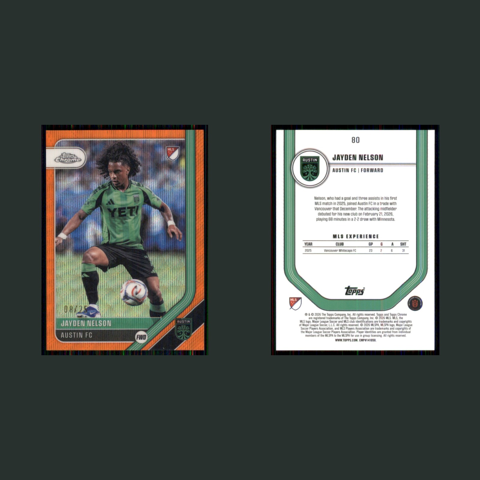 Jayden Nelson /25 #80 2026 Topps Chrome MLS Orange Wave Refractor Austin FC Card front and back scans. Card condition is Near Mint.