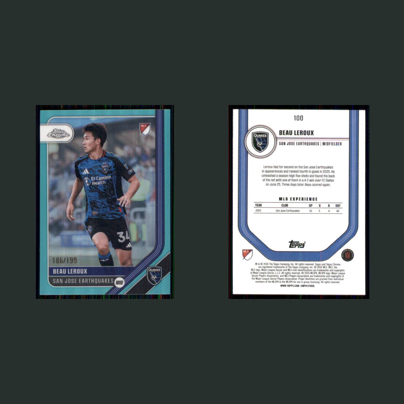 Beau Leroux /199 #100 2026 Topps Chrome MLS Aqua Refractor San Jose Earthquakes front and back scans. Card condition is Near Mint.