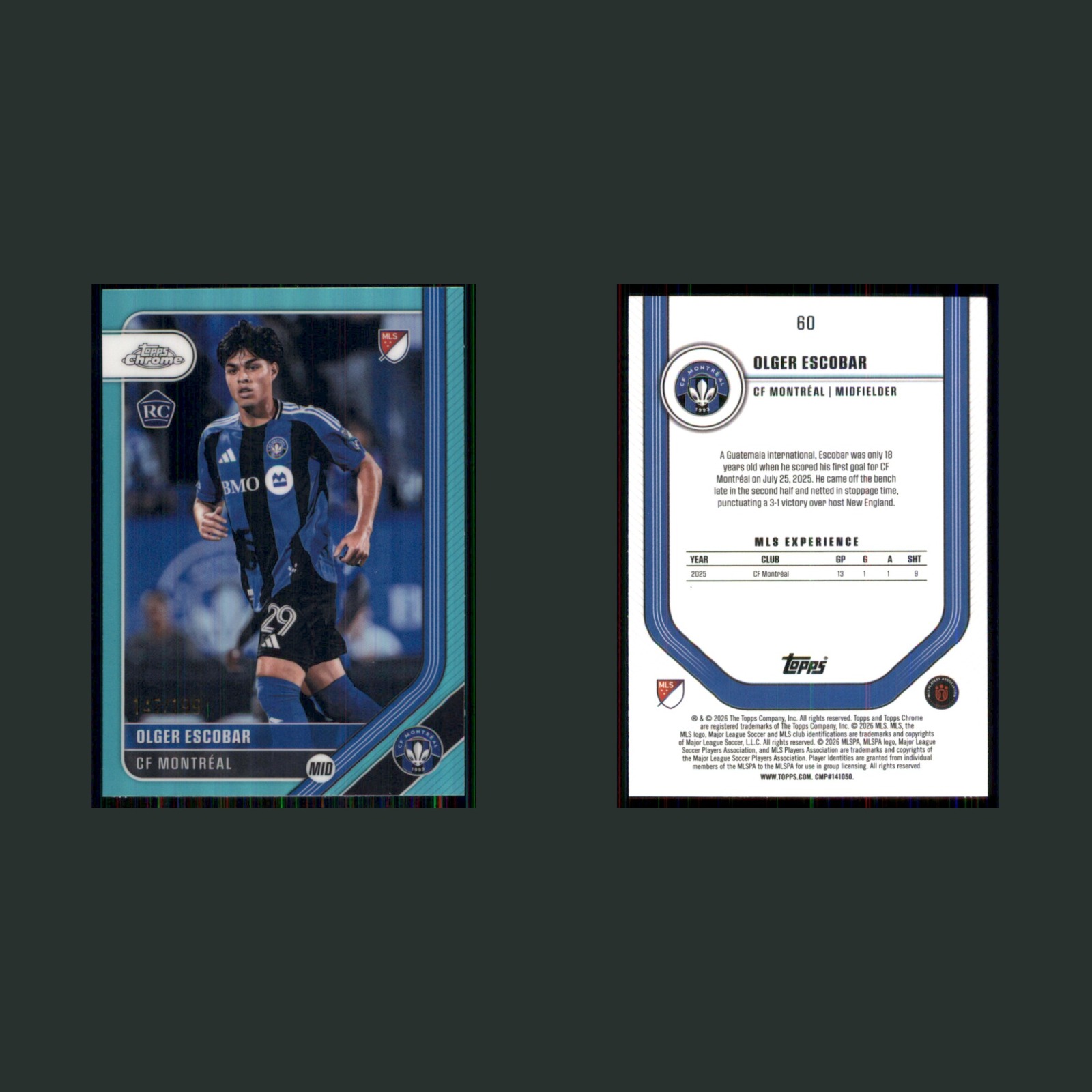 Olger Escobar Rookie /199 #60 2026 Topps Chrome MLS Aqua Refractor CF Montréal front and back scans. Card condition is Near Mint.