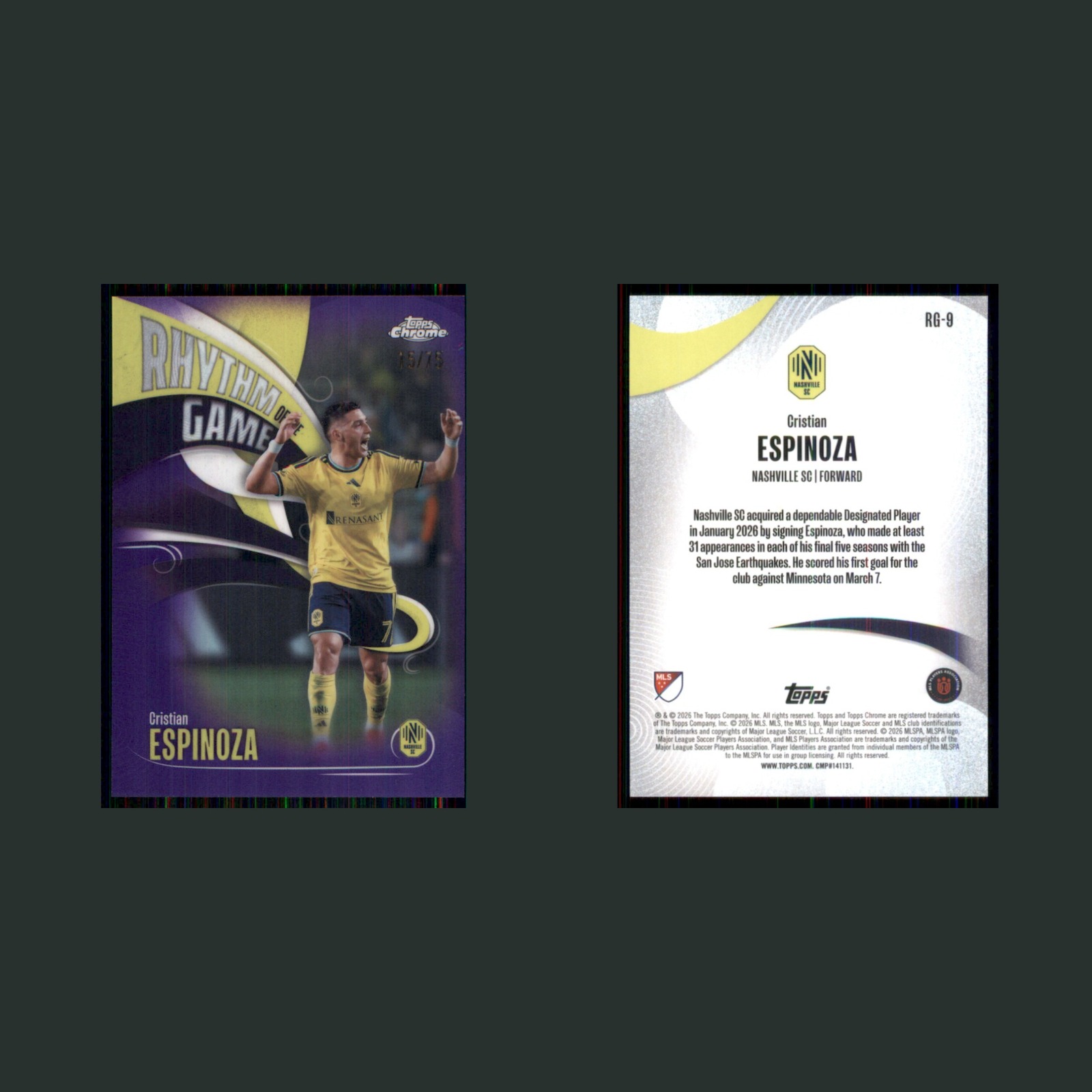 Cristian Espinoza /75 #RG-9 2026 Chrome MLS Rhythm of the Game Purple Refractor front and back scans. Card condition is Near Mint.