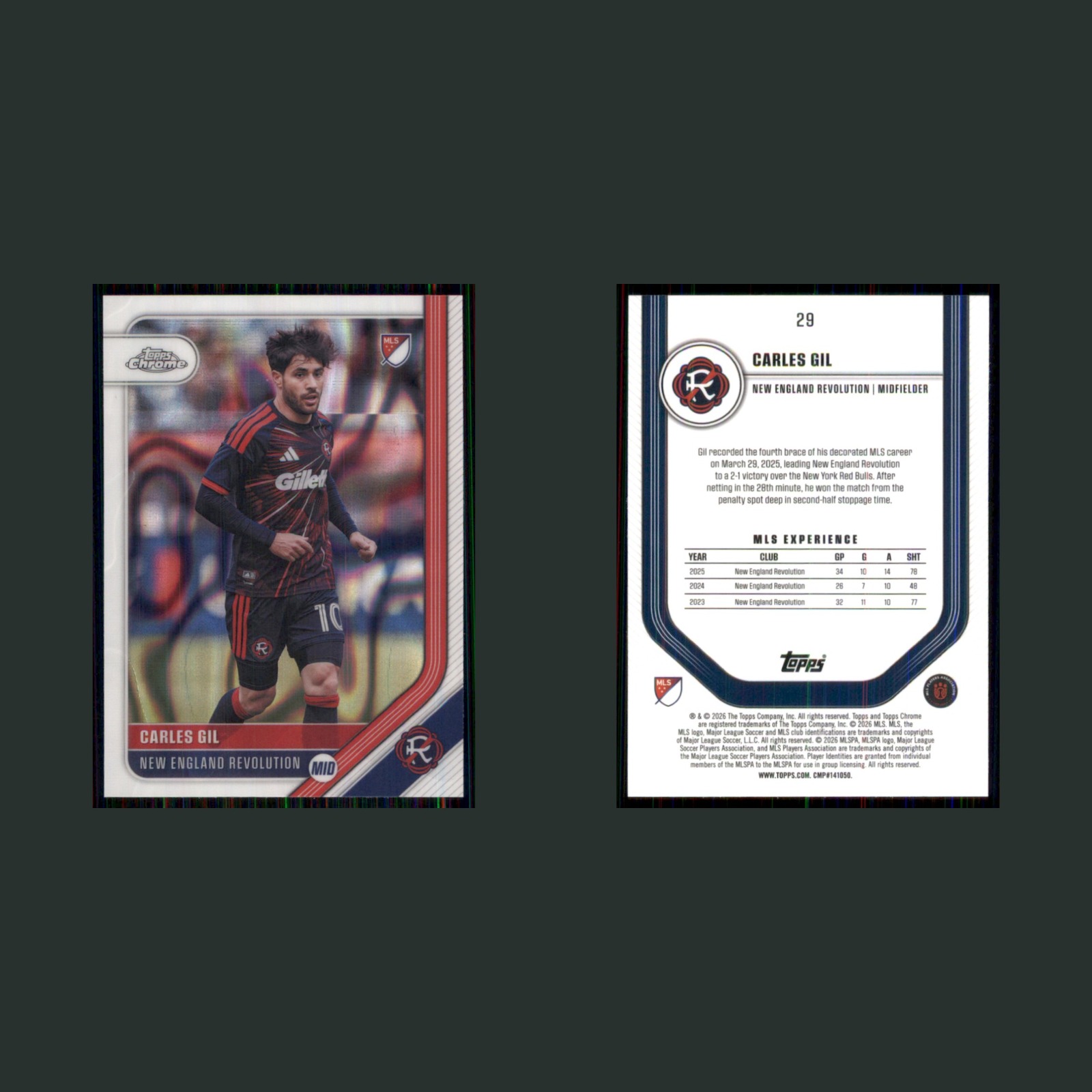 Carles Gil #29 2026 Topps Chrome MLS White Lava Refractor New England Revolution front and back scans. Card condition is Near Mint.