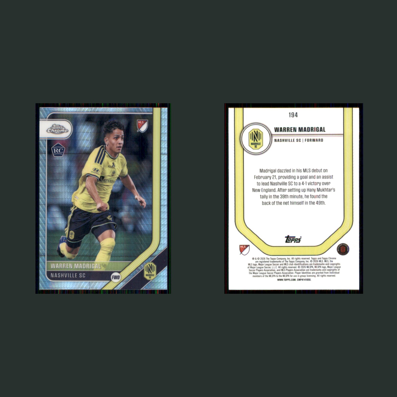 Warren Madrigal Rookie #194 2026 Topps Chrome MLS Prism Refractor Nashville SC front and back scans. Card condition is Near Mint.