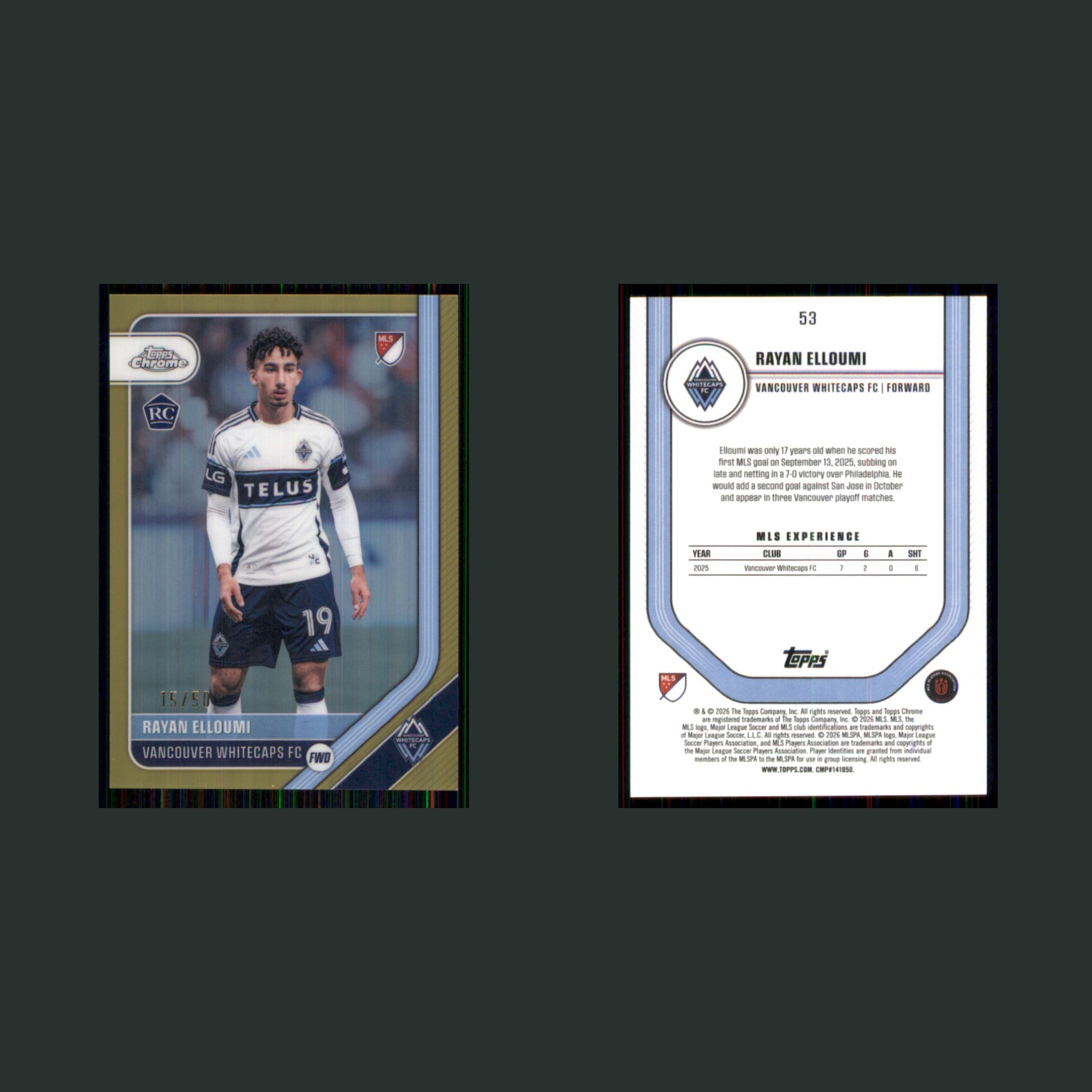 Rayan Elloumi Rookie /50 #53 2026 Topps Chrome MLS Gold Refractor Soccer Card front and back scans. Card condition is Near Mint.