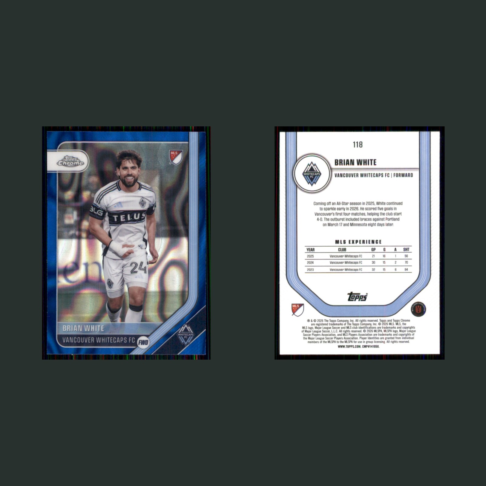 Brian White #118 2026 Topps Chrome MLS Blue Lava Refractor Soccer Card front and back scans. Card condition is Near Mint.