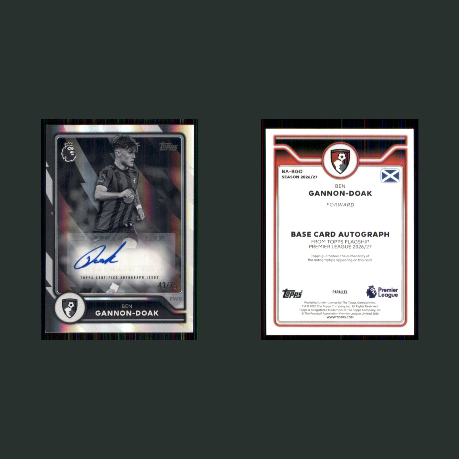 Ben Gannon-Doak Auto /75 #BA-BGD 2026 Flagship Premier Black & White Refractor front and back scans. Card condition is Near Mint.