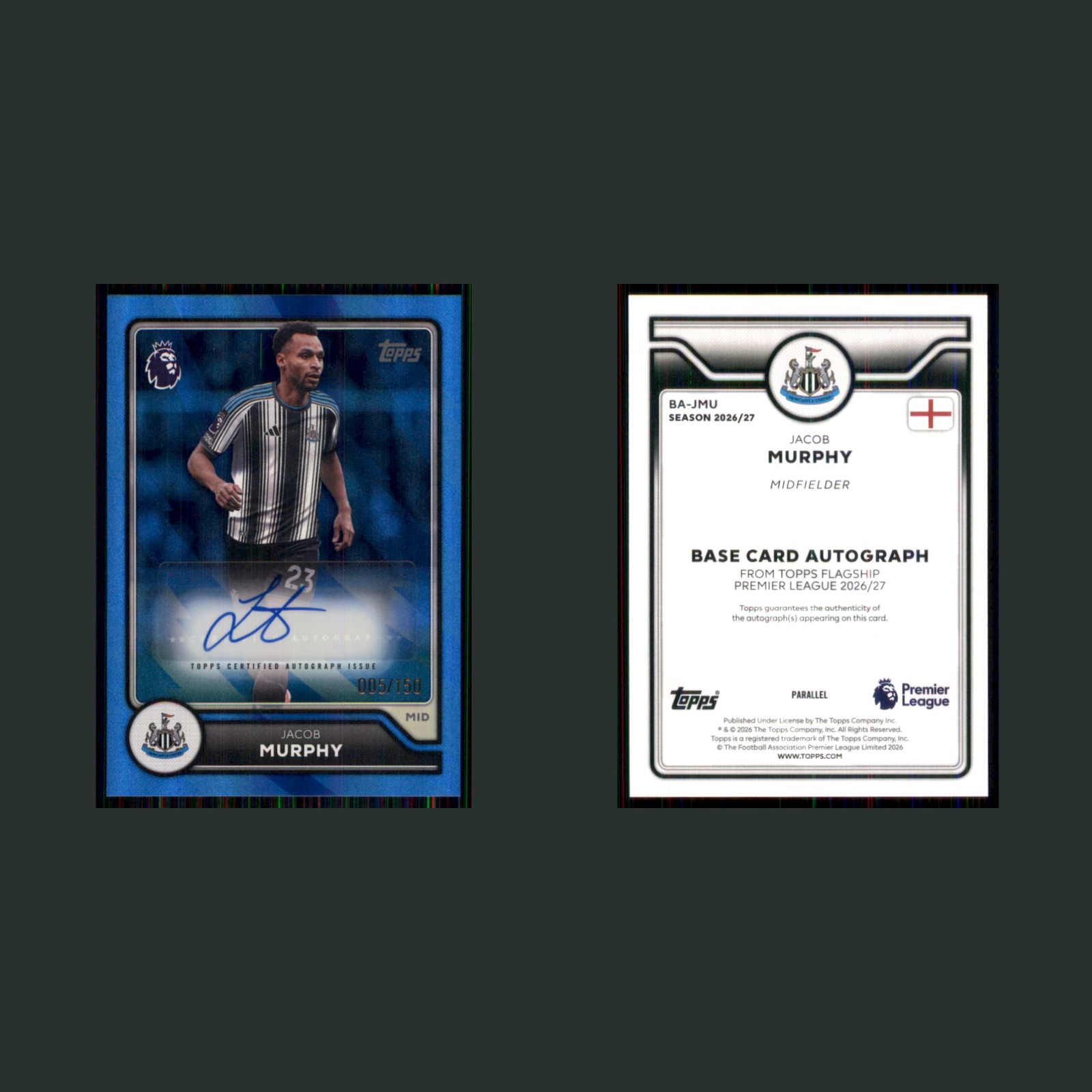 Jacob Murphy Auto /150 #BA-JMU 2026 Flagship Premier League Base Blue Refractor front and back scans. Card condition is Near Mint.