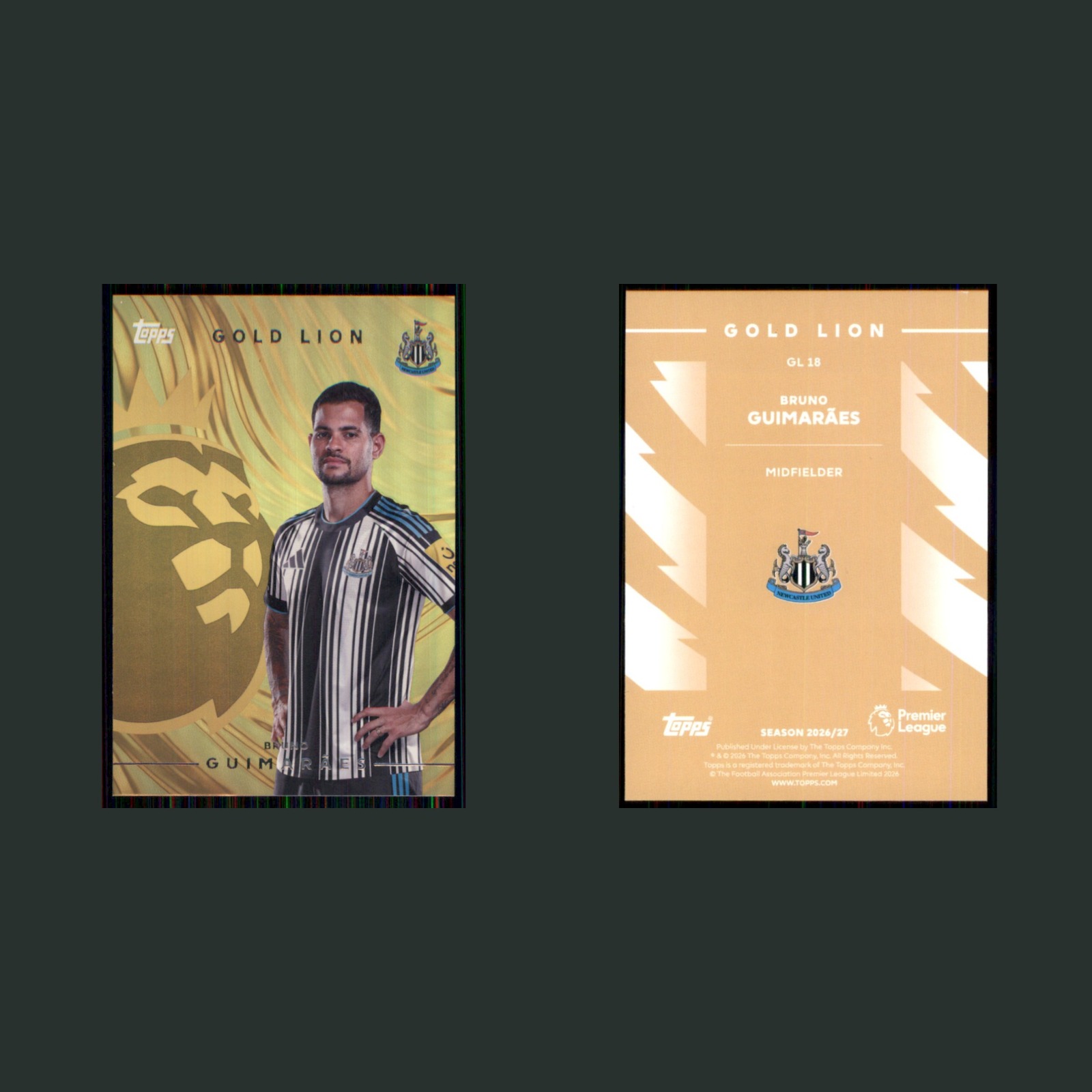 Bruno Guimarães #GL18 2026 Topps Flagship Premier League Gold Lion Soccer Card front and back scans. Card condition is Near Mint.