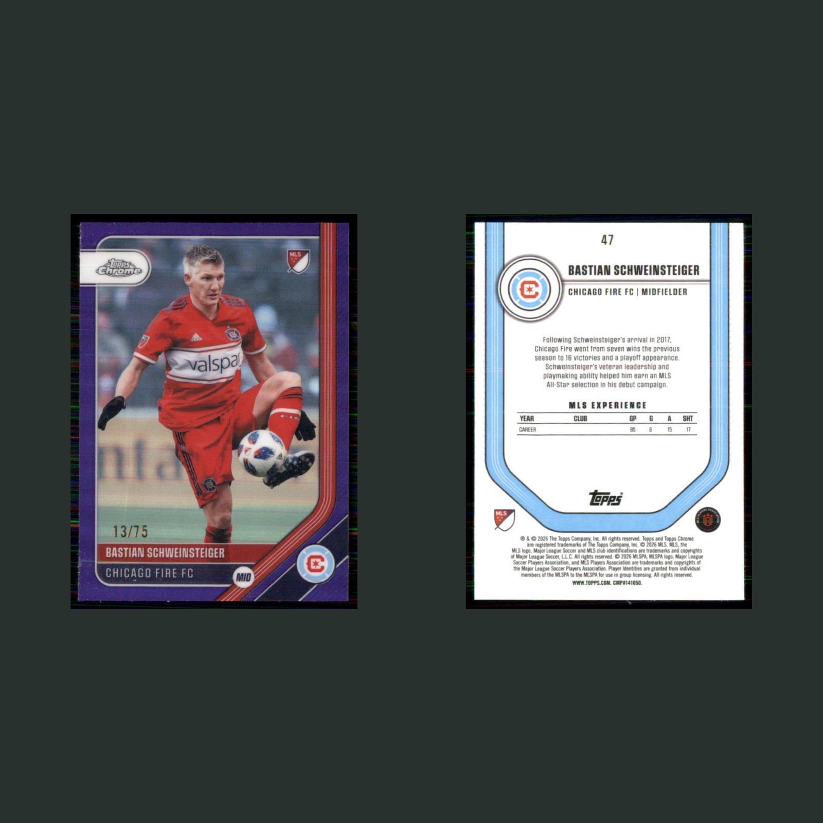 Bastian Schweinsteiger /75 #47 2026 Topps Chrome MLS Purple Refractor Soccer front and back scans. Card condition is Near Mint.