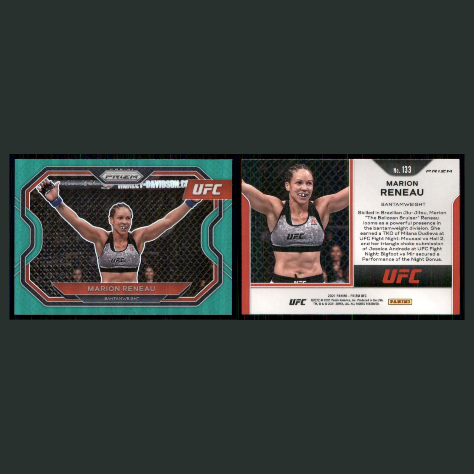 Marion Reneau #133 2021 Panini Prizm UFC Green MMA Card front and back scans. Card condition is Near Mint.