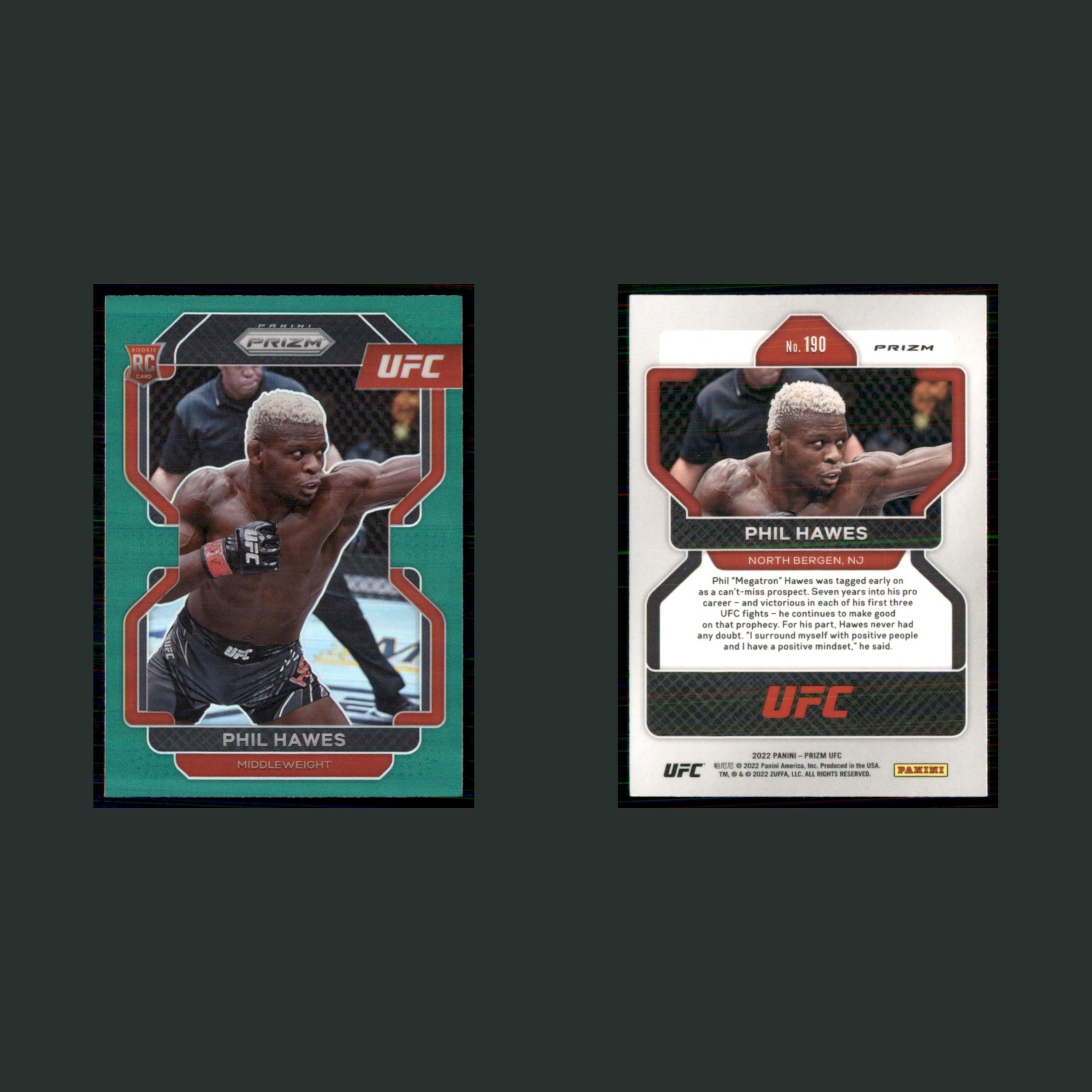 Phil Hawes Rookie #190 2022 Panini Prizm UFC Green MMA Card front and back scans. Card condition is Near Mint.