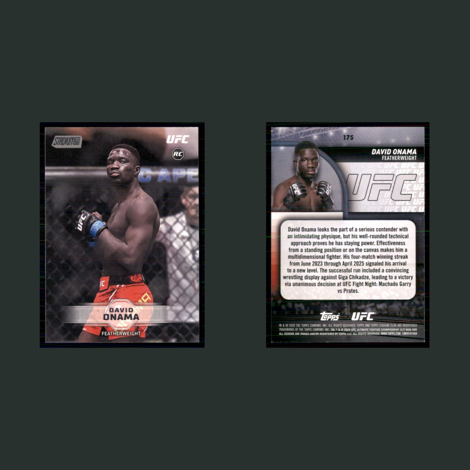 David Onama Rookie #175 2026 Topps Stadium Club UFC MMA Card front and back scans. Card condition is Near Mint.