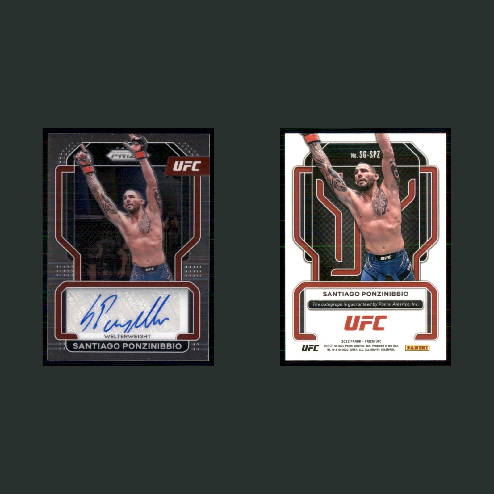 Santiago Ponzinibbio Auto #SG-SPZ 2022 Panini Prizm UFC Signatures MMA Card front and back scans. Card condition is Near Mint.