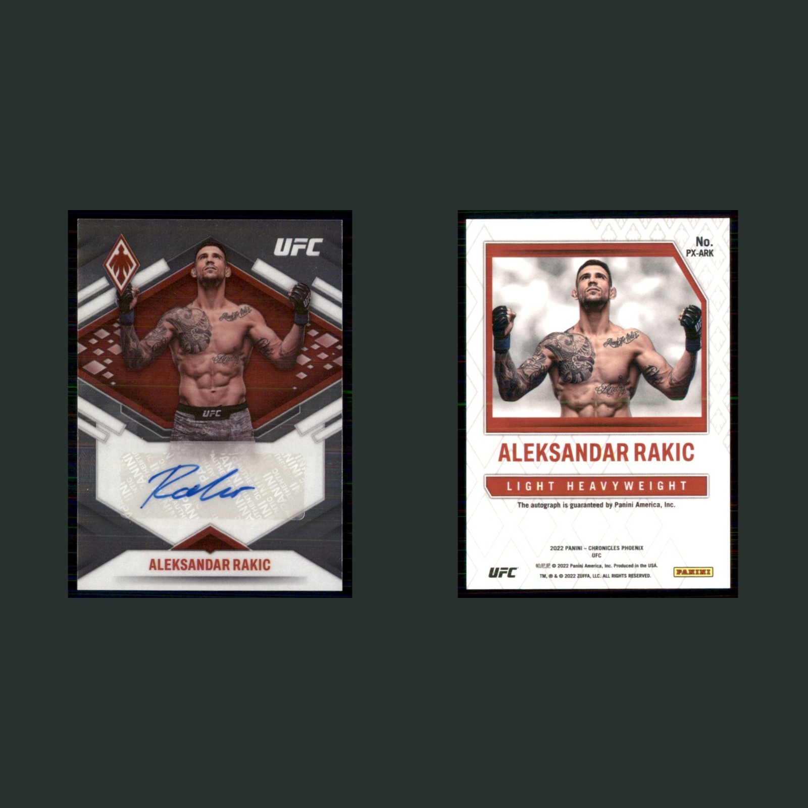 Aleksandar Rakic Auto #PX-ARK 2022 Panini Chronicles Phoenix UFC MMA Card front and back scans. Card condition is Near Mint.